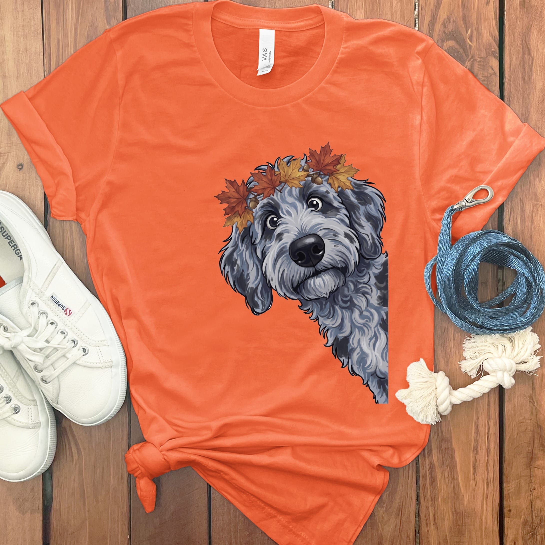 Fall Crown Merle Goldendoodle T-Shirt in Orange / S by Puppy Jo