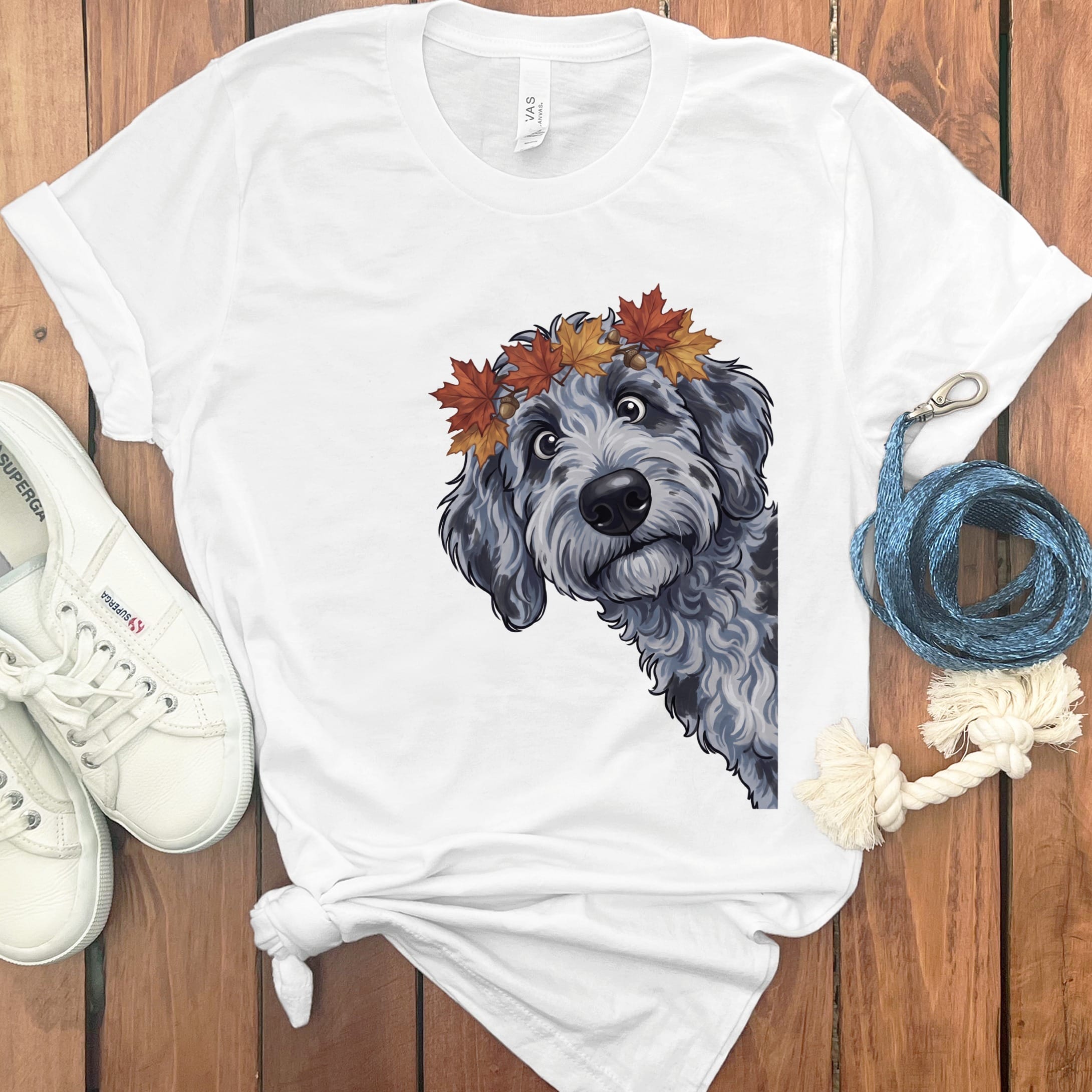 Fall Crown Merle Goldendoodle T-Shirt in White / S by Puppy Jo