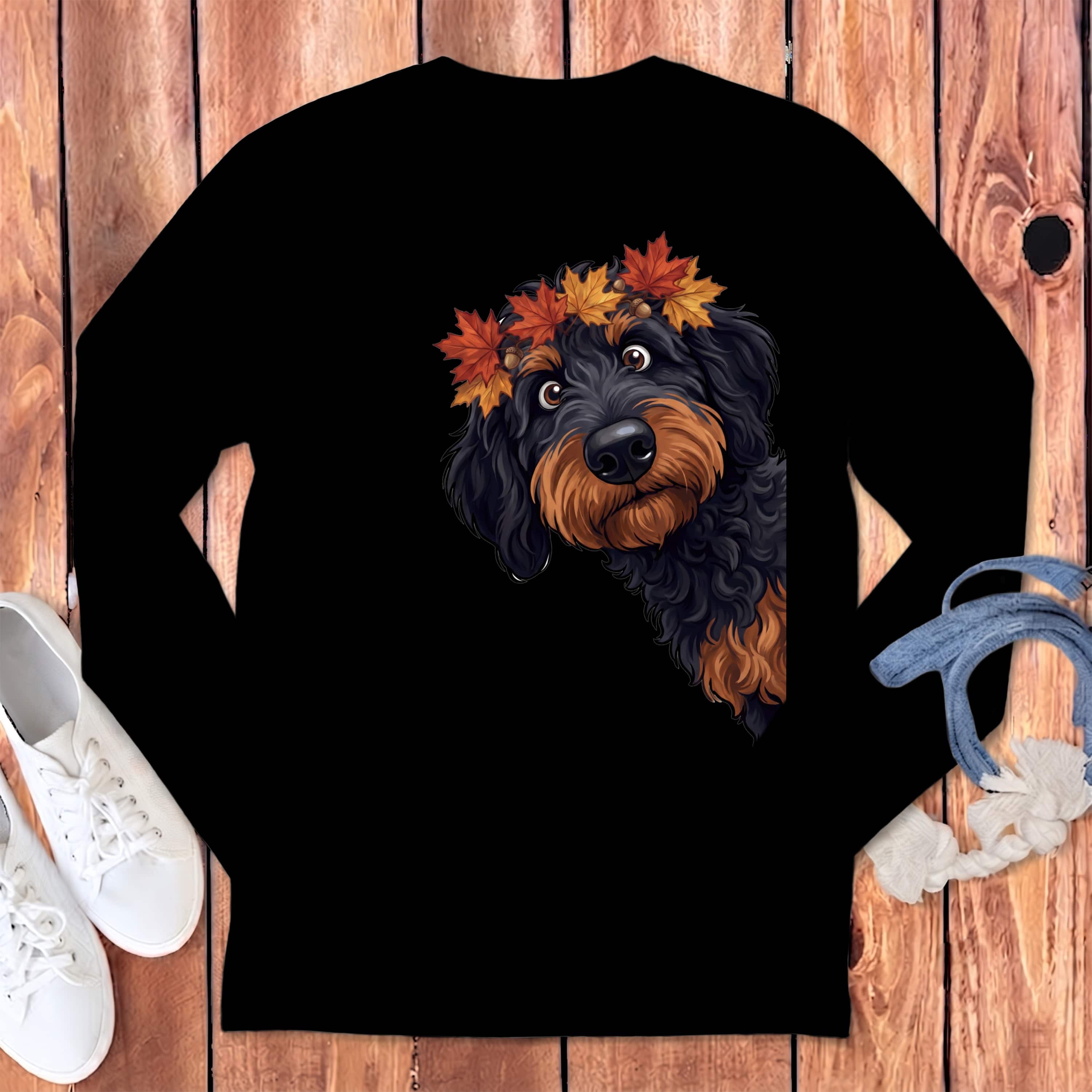 Fall Crown Phantom Goldendoodle Long Sleeve T-Shirt in Black / S by Puppy Jo