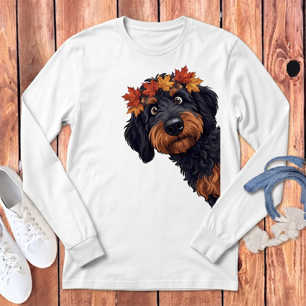 Fall Crown Phantom Goldendoodle Long Sleeve T-Shirt in White / S by Puppy Jo