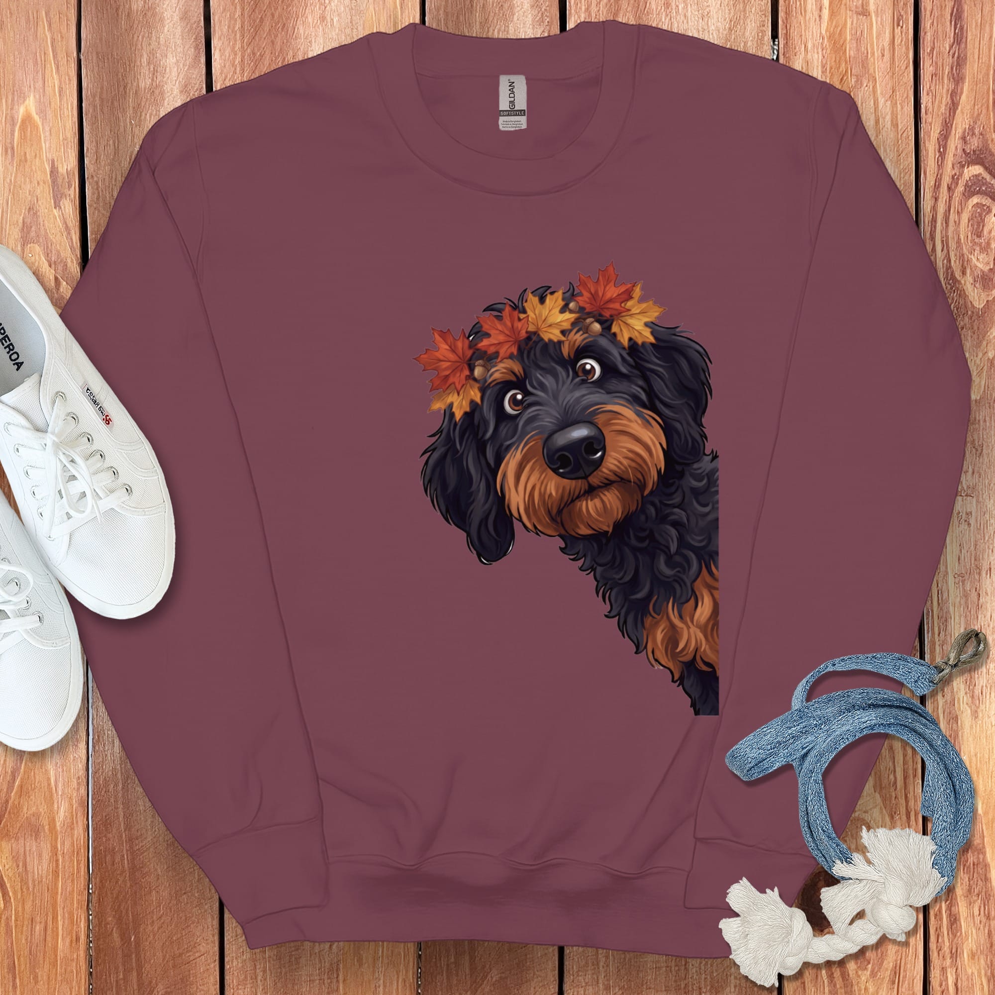 Fall Crown Phantom Goldendoodle Sweatshirt in Maroon / S by Puppy Jo