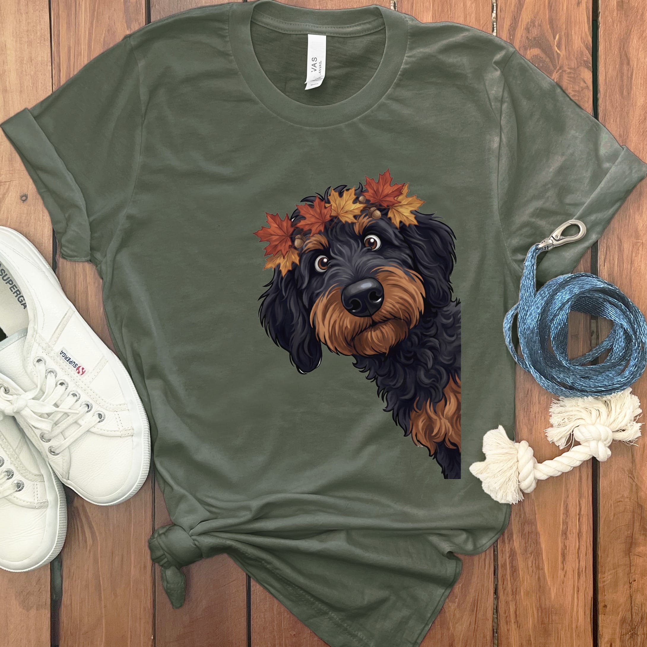 Fall Crown Phantom Goldendoodle T-Shirt in Military Green / S by Puppy Jo