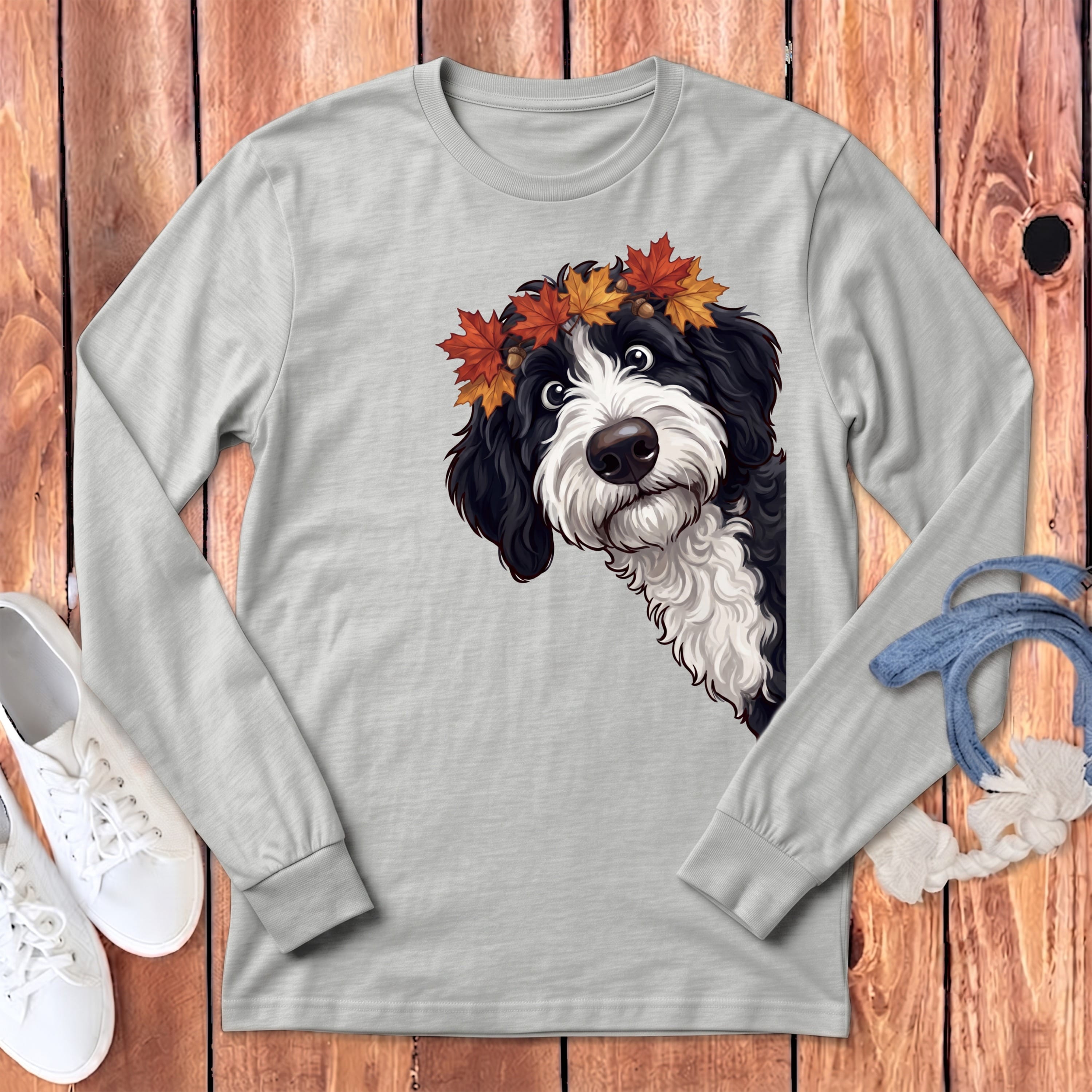 Fall Crown Sheepadoodle Long Sleeve T-Shirt in Athletic Heather / S by Puppy Jo