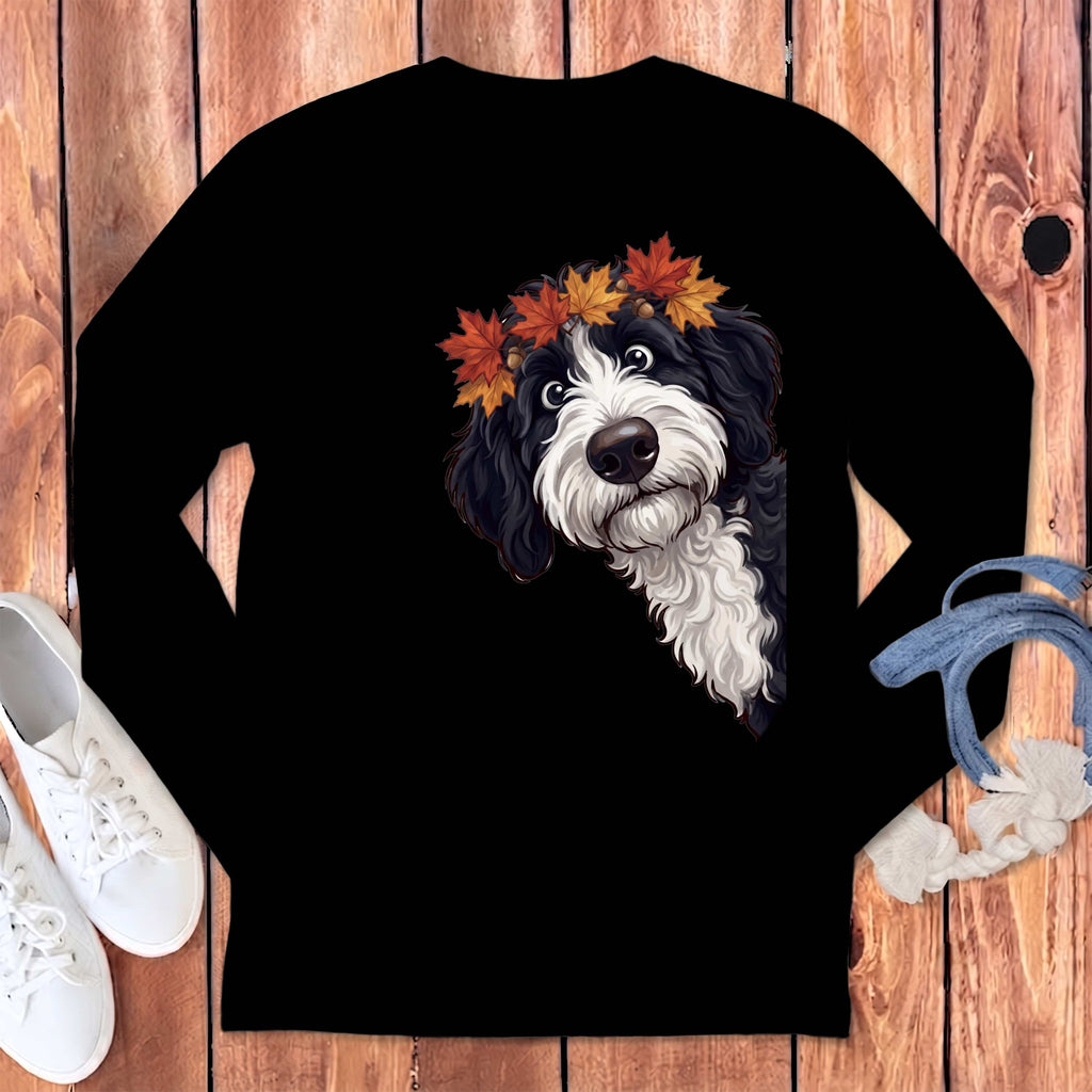 Fall Crown Sheepadoodle Long Sleeve T-Shirt in Black / S by Puppy Jo