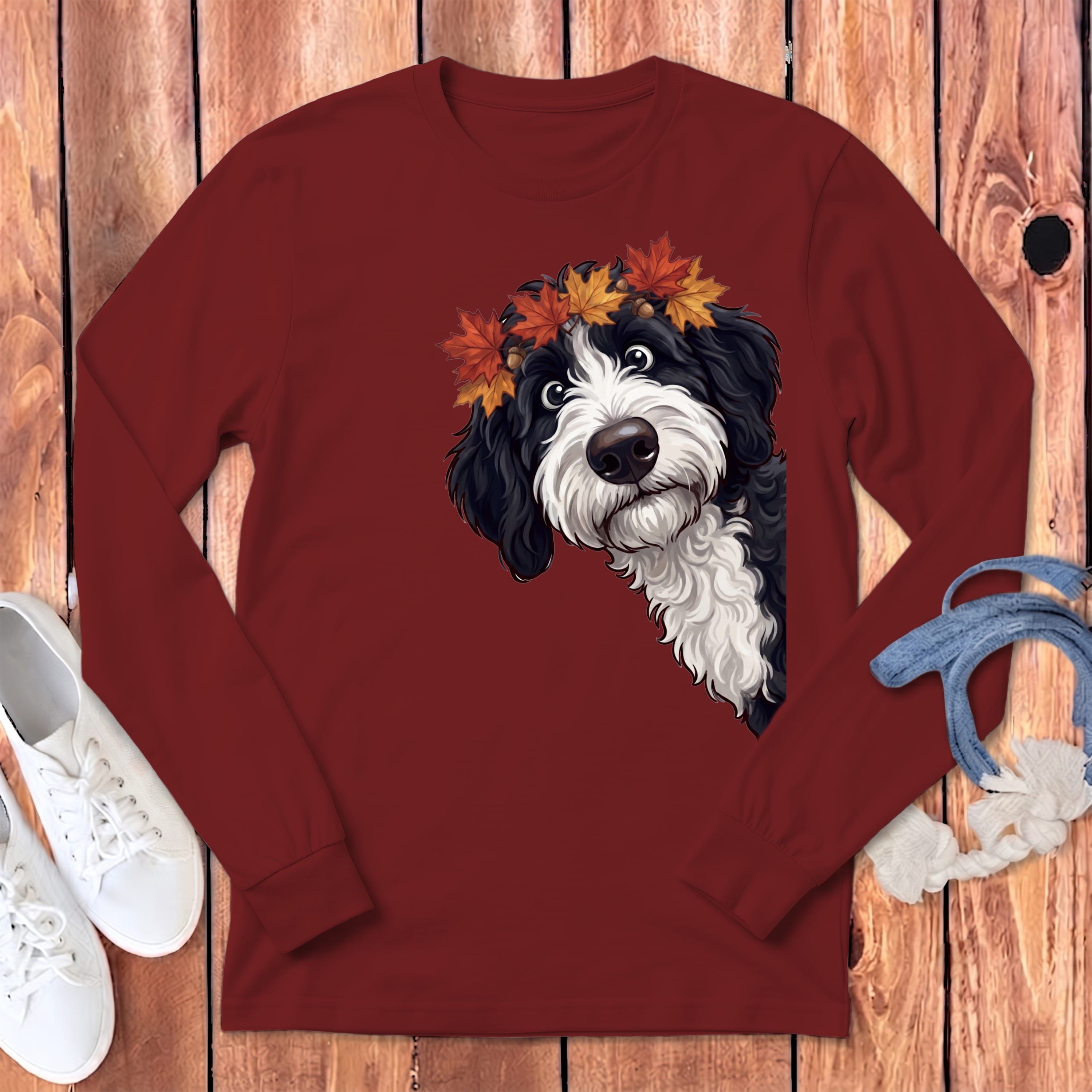 Fall Crown Sheepadoodle Long Sleeve T-Shirt in Cardinal / S by Puppy Jo