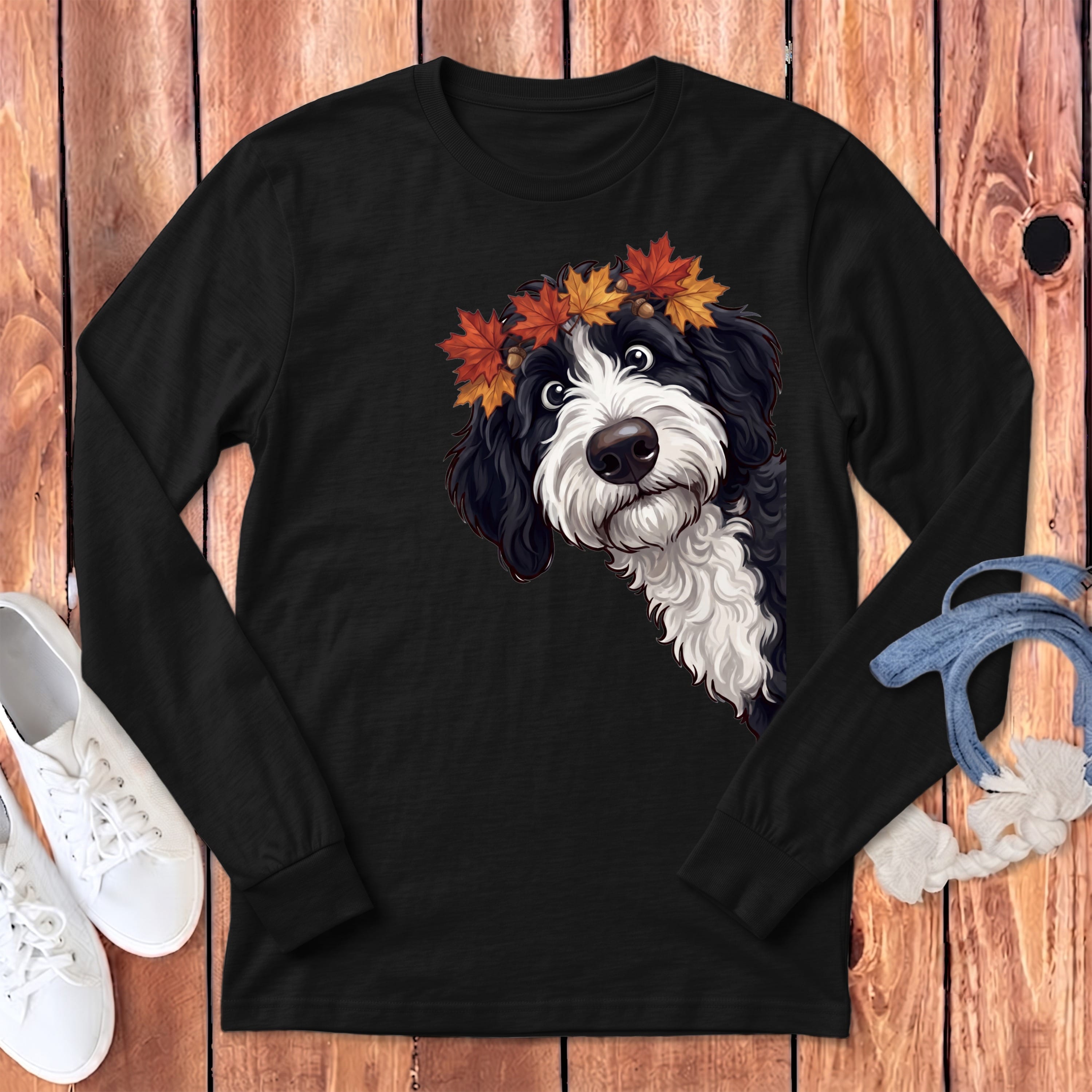 Fall Crown Sheepadoodle Long Sleeve T-Shirt in Dark Grey Heather / S by Puppy Jo