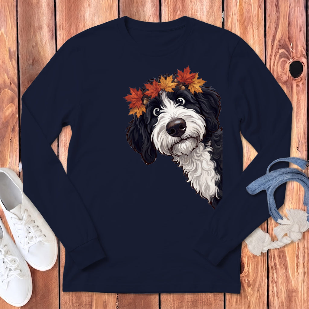 Fall Crown Sheepadoodle Long Sleeve T-Shirt in Navy / S by Puppy Jo
