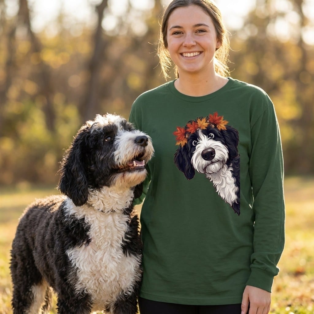 Fall Crown Sheepadoodle Long Sleeve T-Shirt in by Puppy Jo