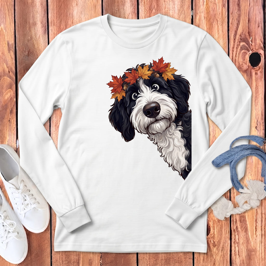 Fall Crown Sheepadoodle Long Sleeve T-Shirt in White / S by Puppy Jo