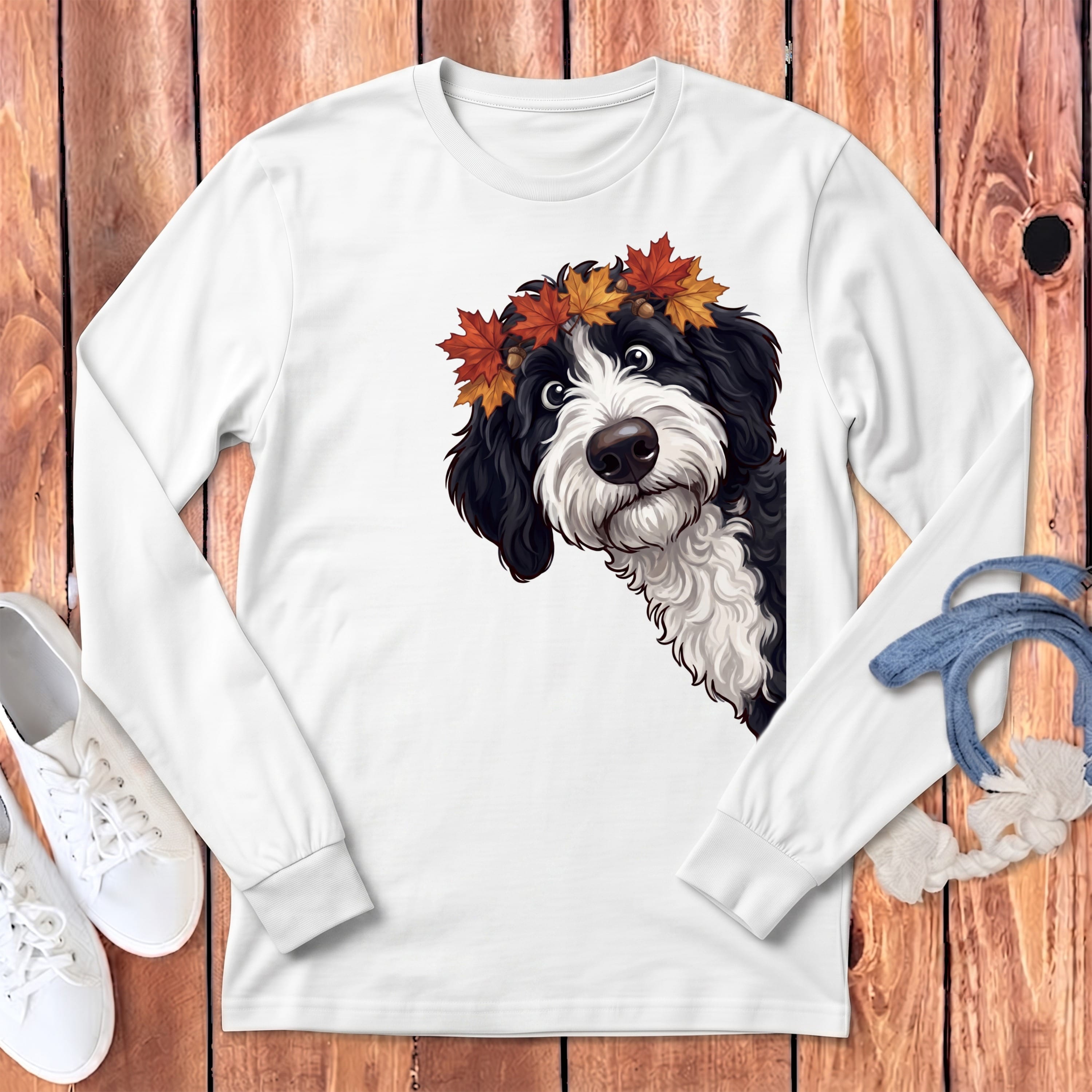 Fall Crown Sheepadoodle Long Sleeve T-Shirt in White / S by Puppy Jo