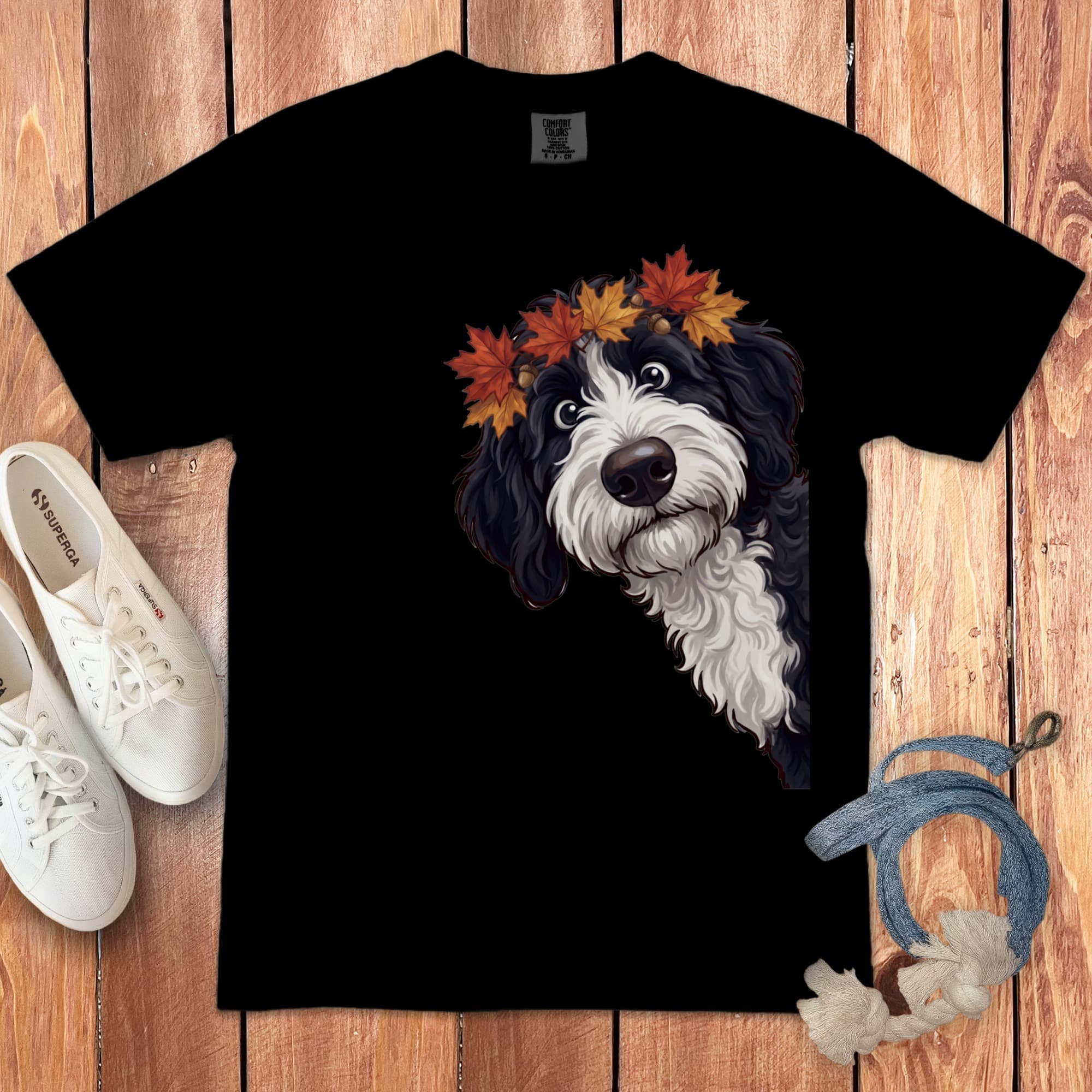 Fall Crown Sheepadoodle Signature T-Shirt in Black / S / T-Shirts by Puppy Jo