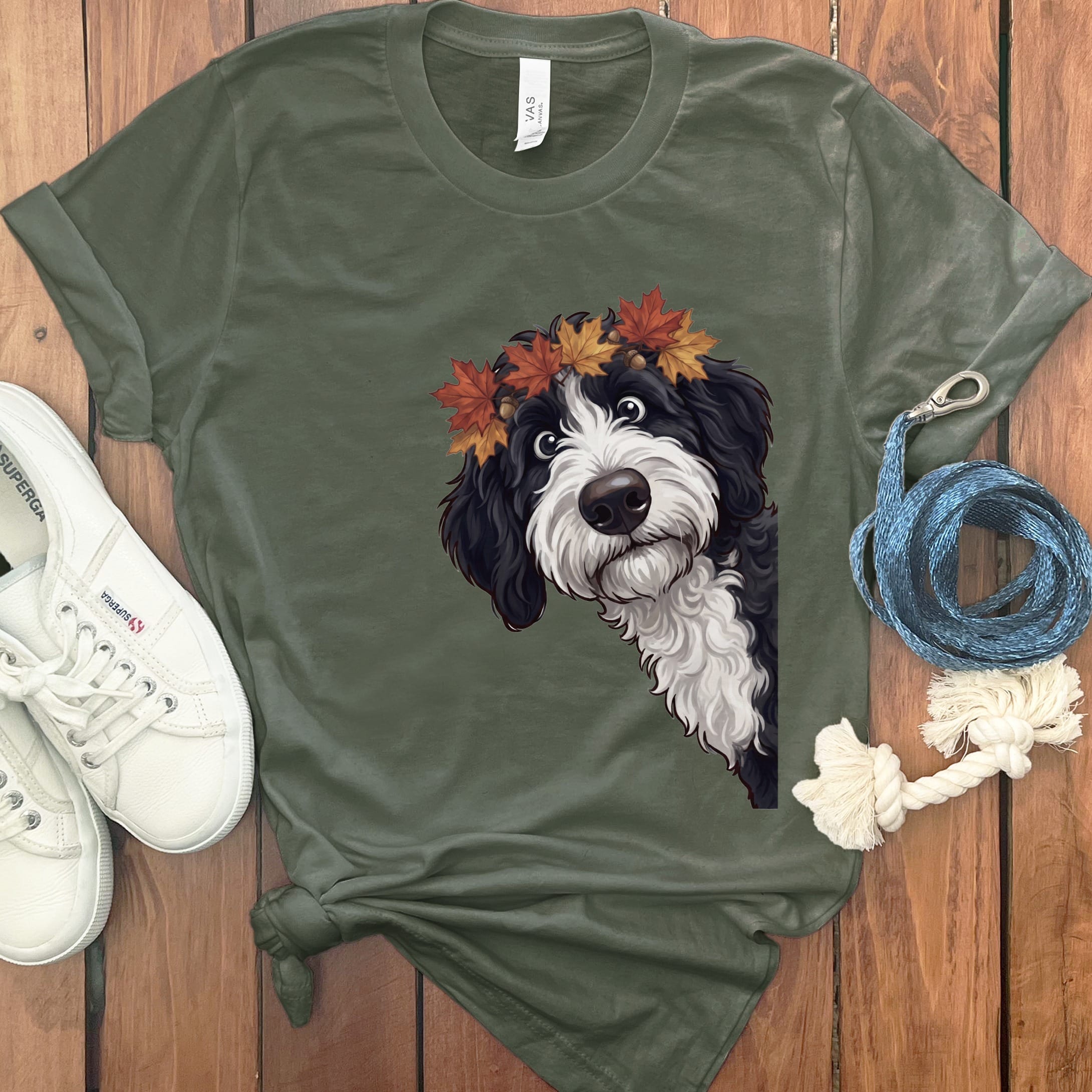 Fall Crown Sheepadoodle T-Shirt in Military Green / S by Puppy Jo