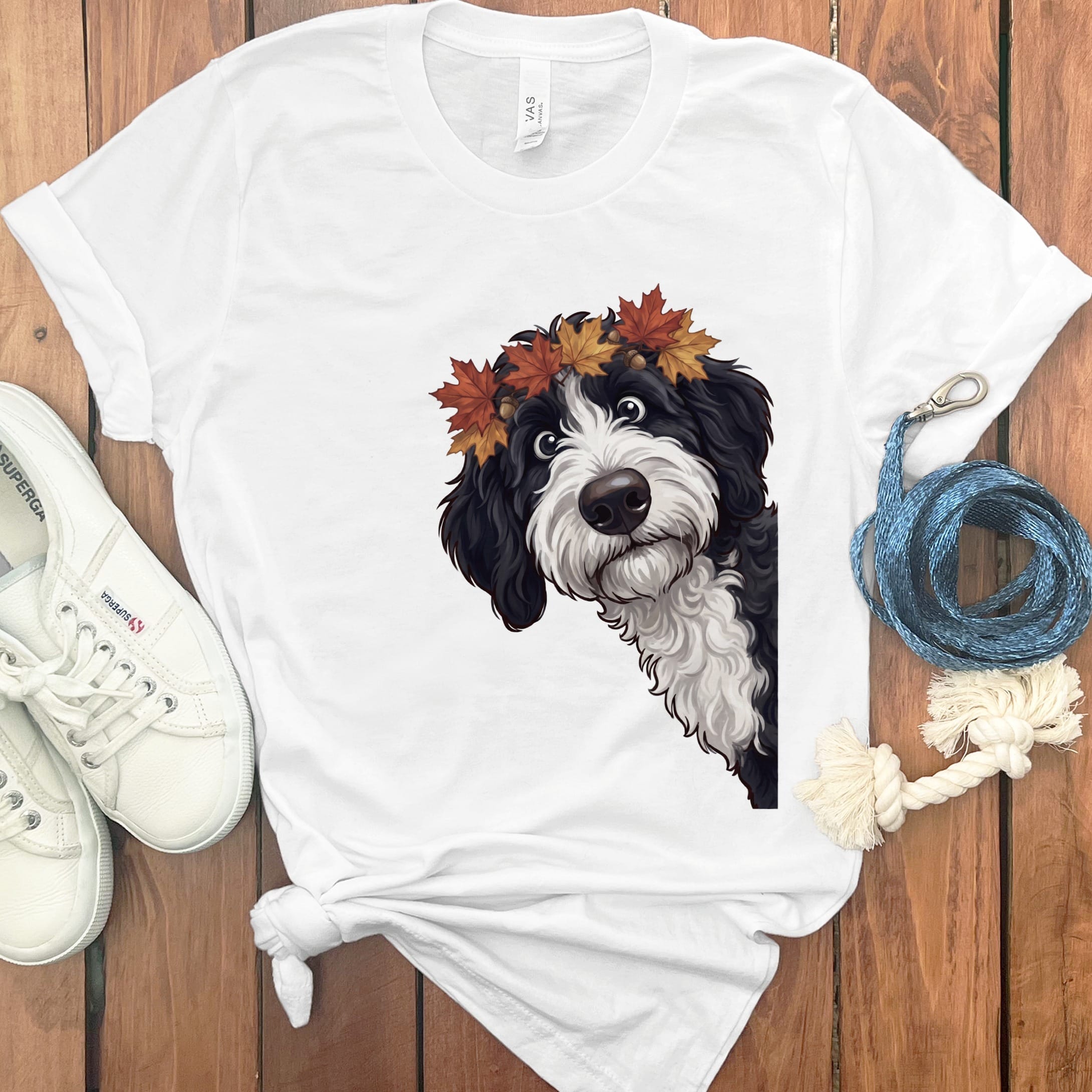 Fall Crown Sheepadoodle T-Shirt in White / S by Puppy Jo