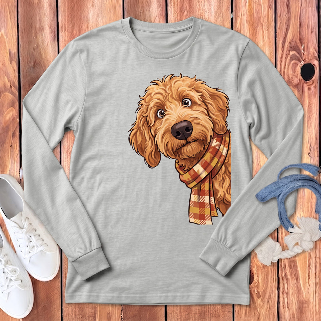 Fall Plaid Apricot Goldendoodle Long Sleeve T-Shirt in Athletic Heather / S by Puppy Jo