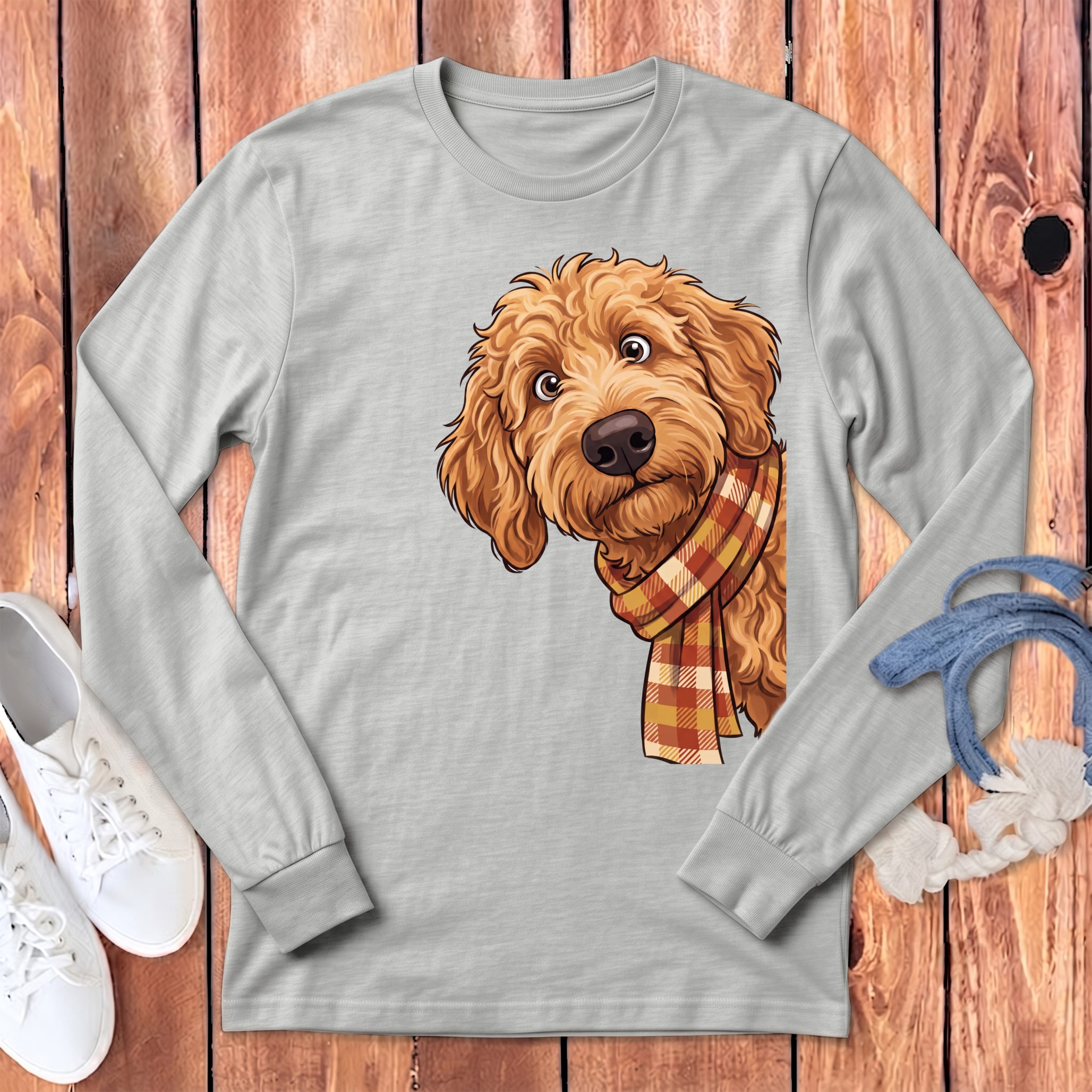 Fall Plaid Apricot Goldendoodle Long Sleeve T-Shirt in Athletic Heather / S by Puppy Jo