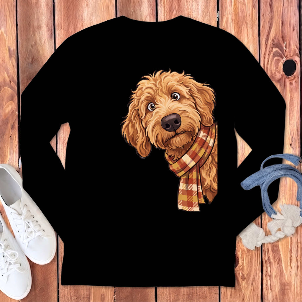 Fall Plaid Apricot Goldendoodle Long Sleeve T-Shirt in Black / S by Puppy Jo