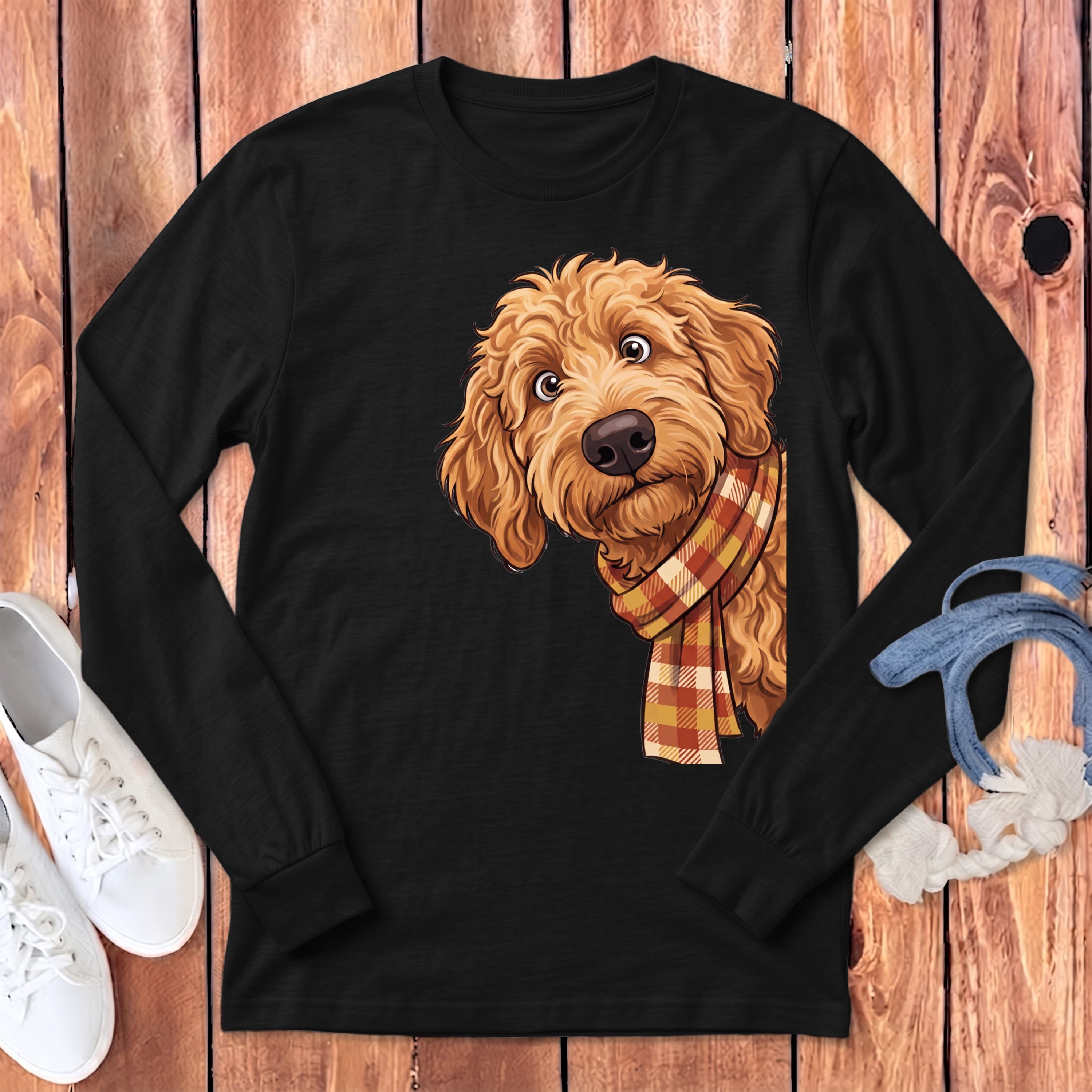 Fall Plaid Apricot Goldendoodle Long Sleeve T-Shirt in Dark Grey Heather / S by Puppy Jo