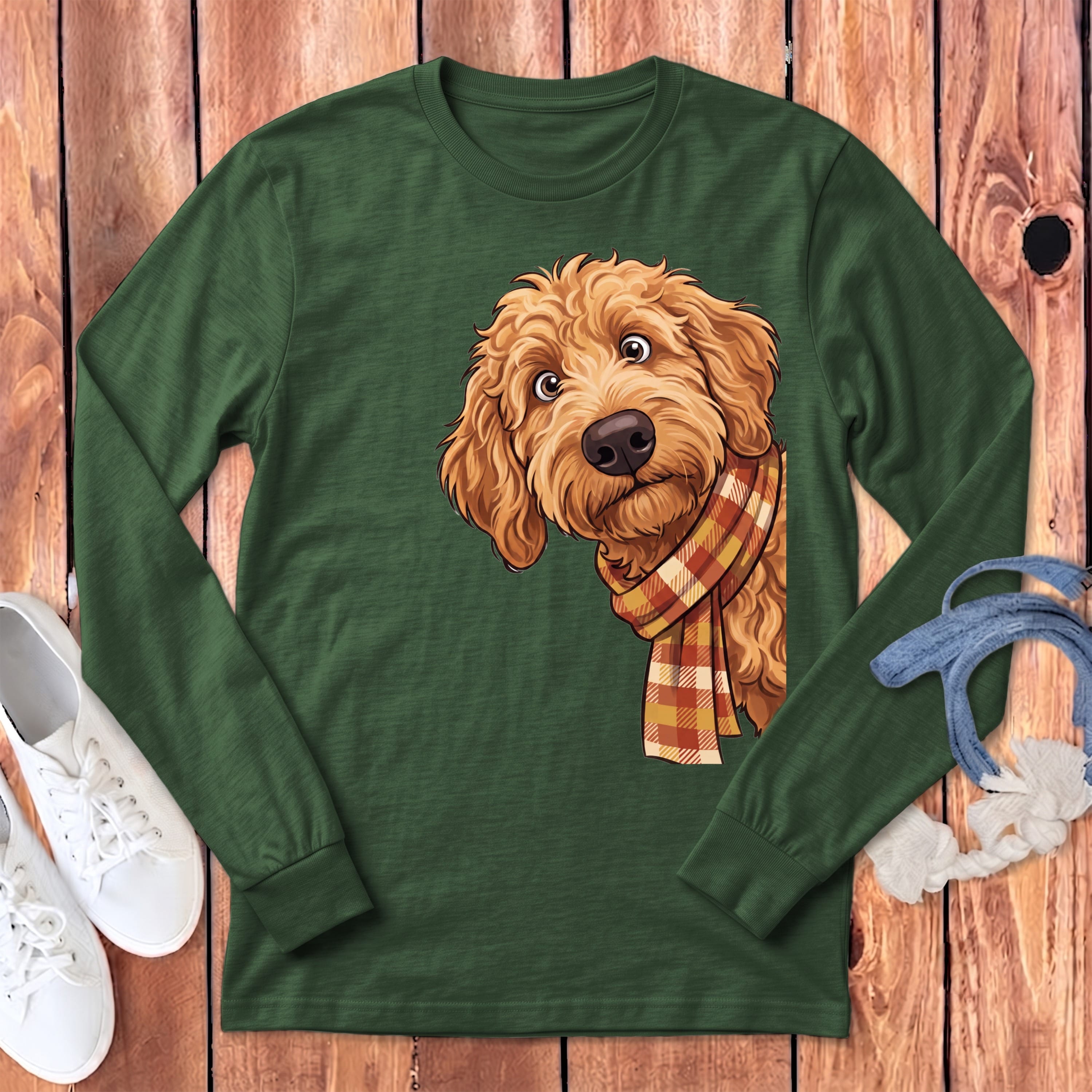 Fall Plaid Apricot Goldendoodle Long Sleeve T-Shirt in Heather Forest / S by Puppy Jo