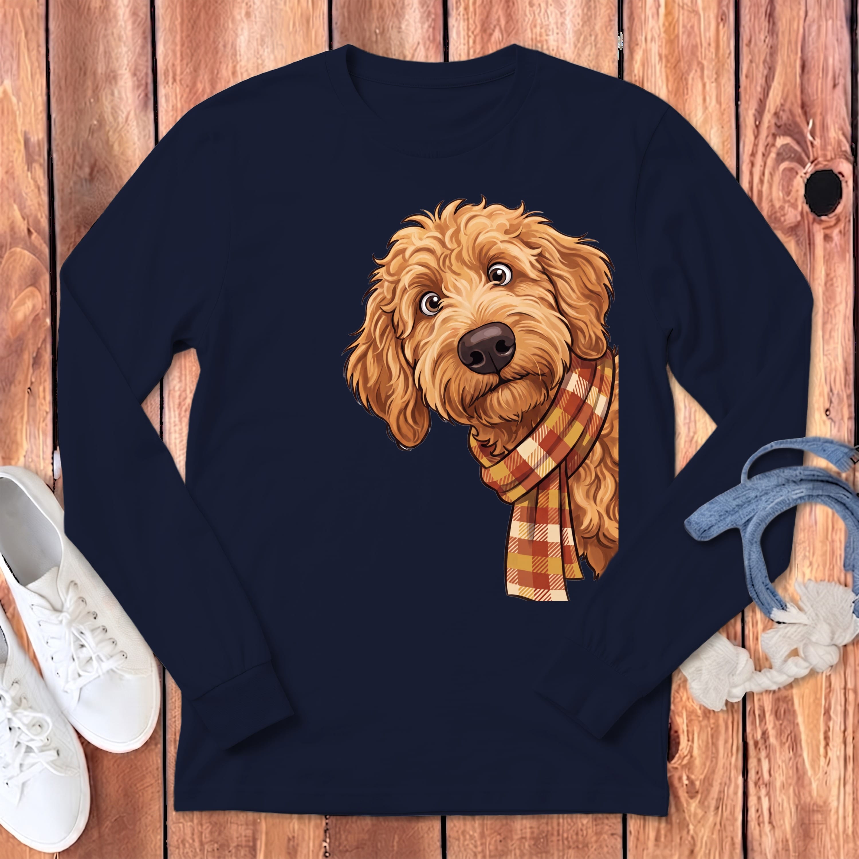 Fall Plaid Apricot Goldendoodle Long Sleeve T-Shirt in Navy / S by Puppy Jo