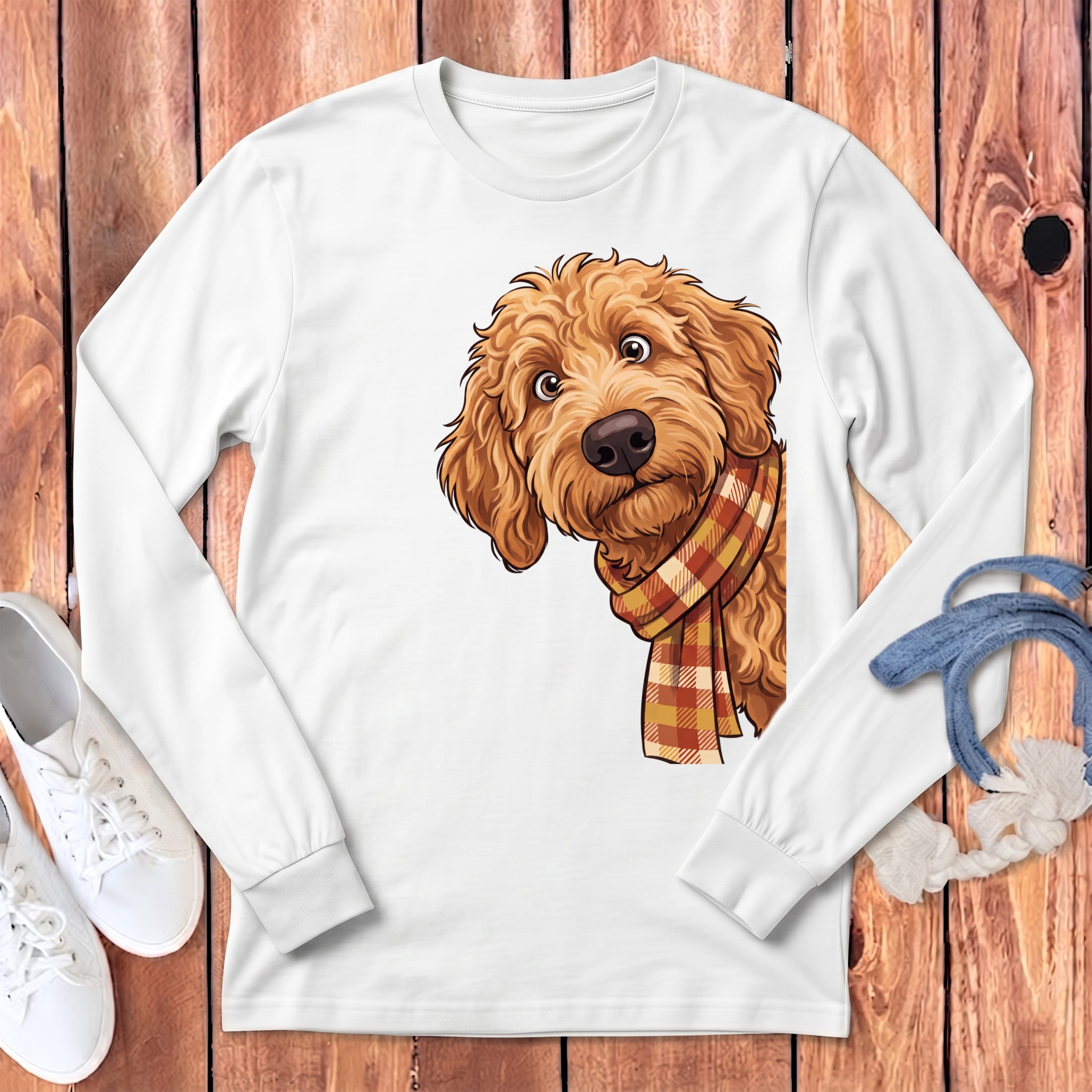 Fall Plaid Apricot Goldendoodle Long Sleeve T-Shirt in White / S by Puppy Jo