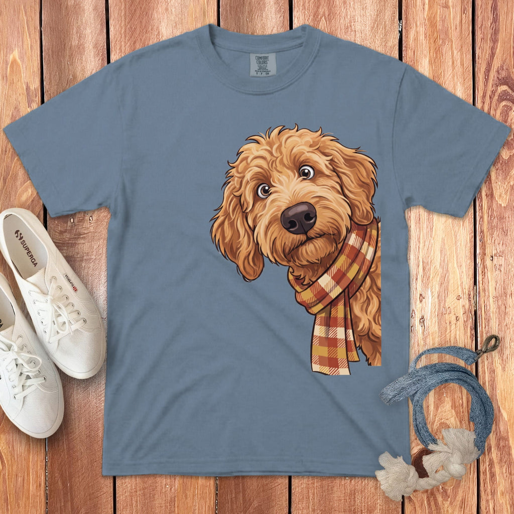 Fall Plaid Apricot Goldendoodle Signature T-Shirt in Blue Jean / S / T-Shirts by Puppy Jo