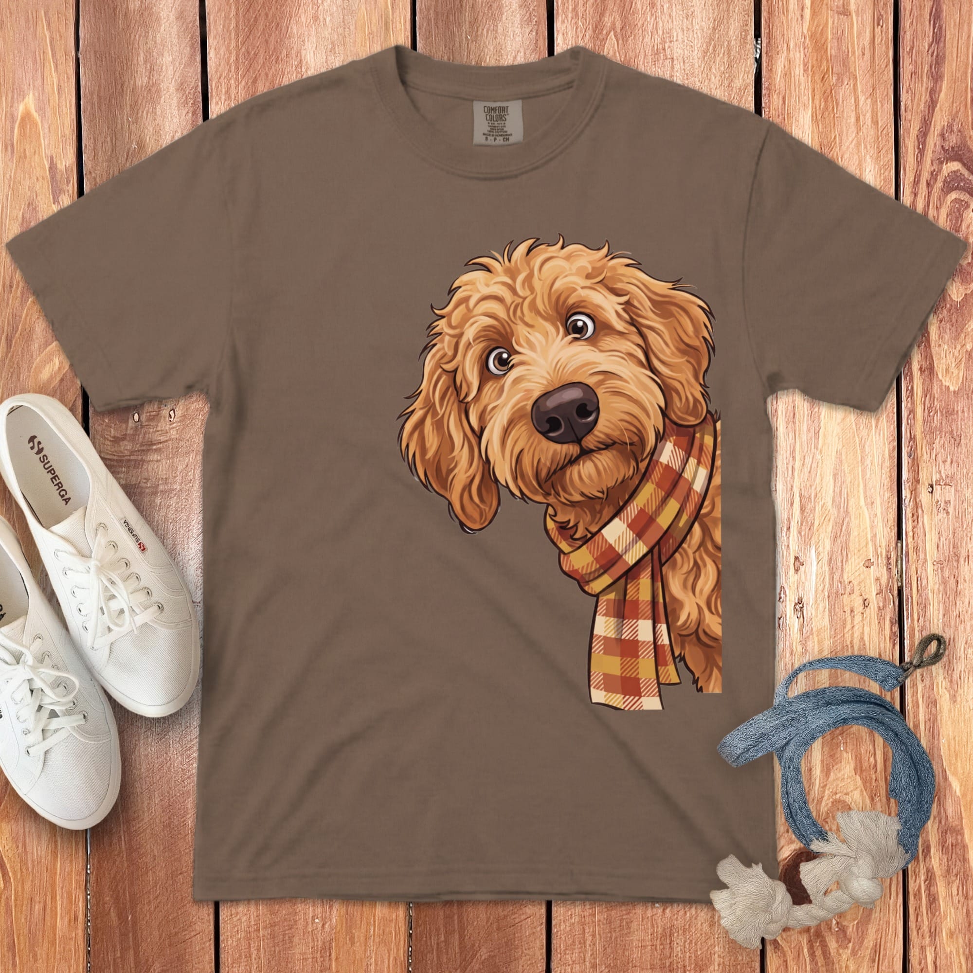 Fall Plaid Apricot Goldendoodle Signature T-Shirt in Espresso / S / T-Shirts by Puppy Jo