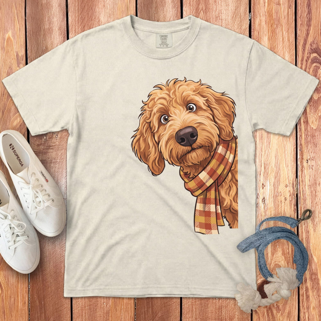 Fall Plaid Apricot Goldendoodle Signature T-Shirt in Ivory / S / T-Shirts by Puppy Jo