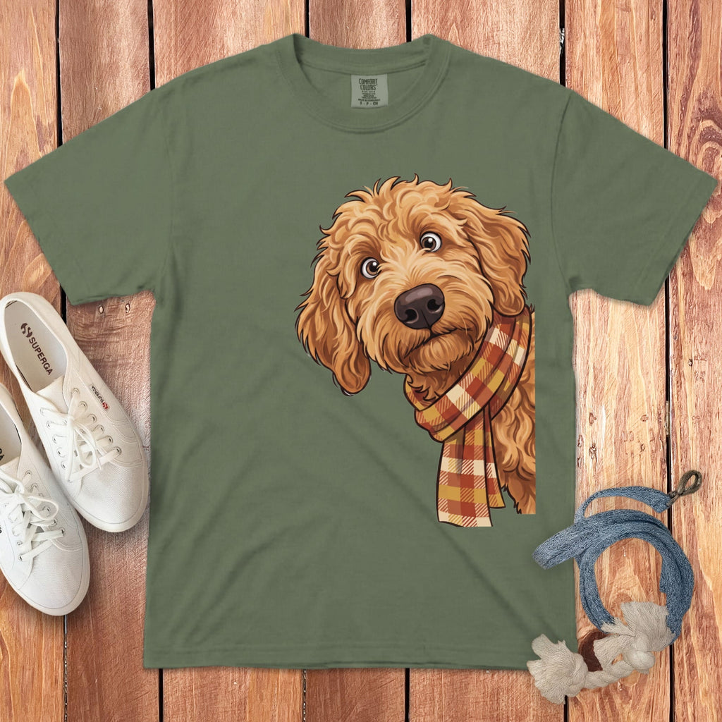 Fall Plaid Apricot Goldendoodle Signature T-Shirt in Moss / S / T-Shirts by Puppy Jo