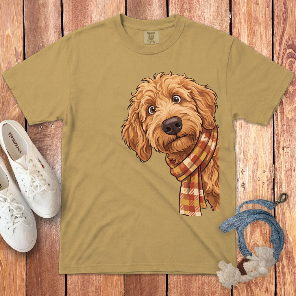 Fall Plaid Apricot Goldendoodle Signature T-Shirt in Mustard / S / T-Shirts by Puppy Jo
