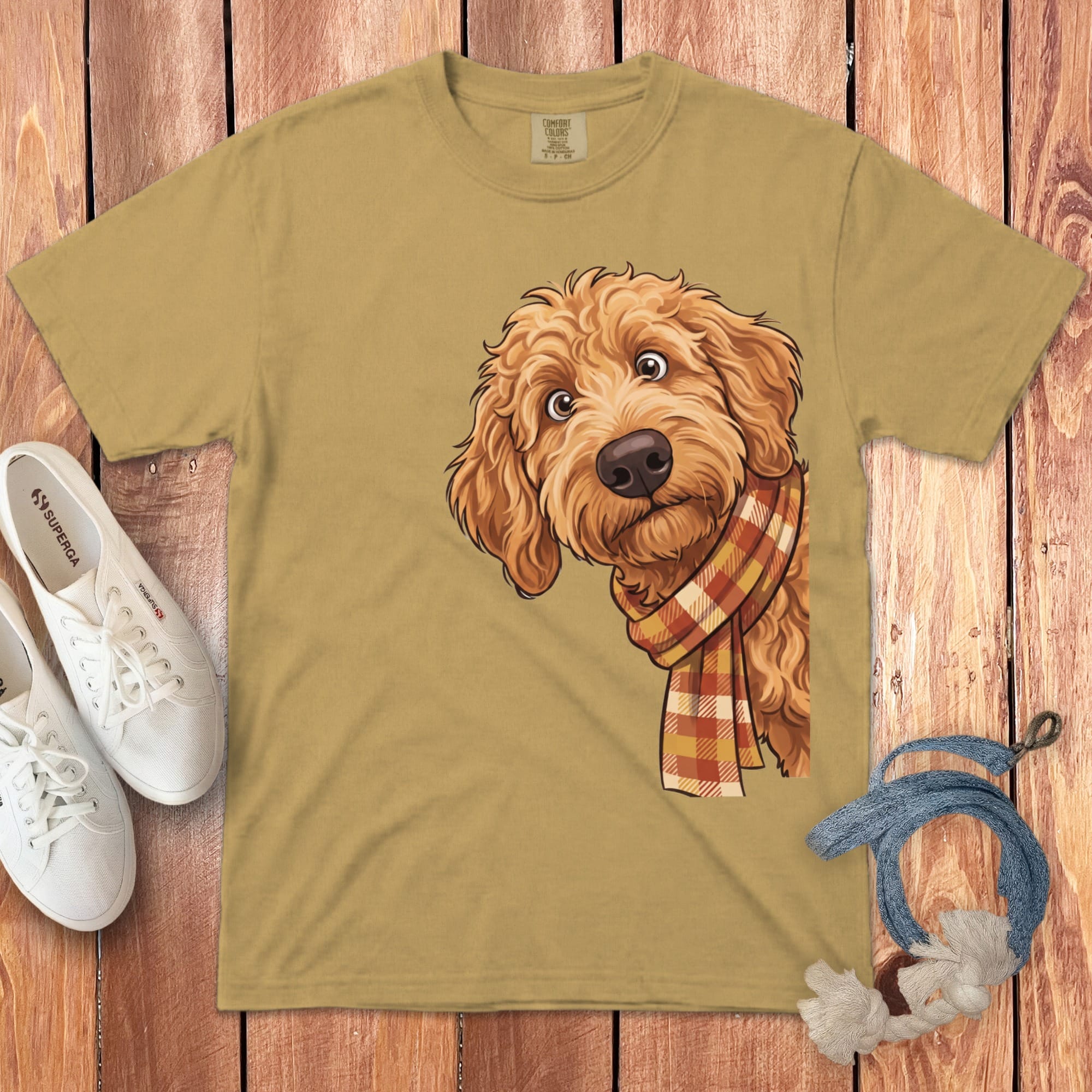 Fall Plaid Apricot Goldendoodle Signature T-Shirt in Mustard / S / T-Shirts by Puppy Jo