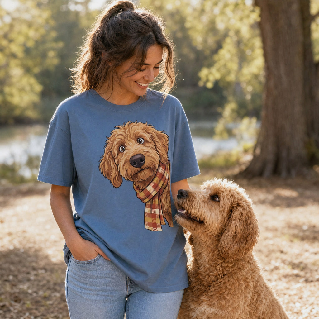 Fall Plaid Apricot Goldendoodle Signature T-Shirt in by Puppy Jo