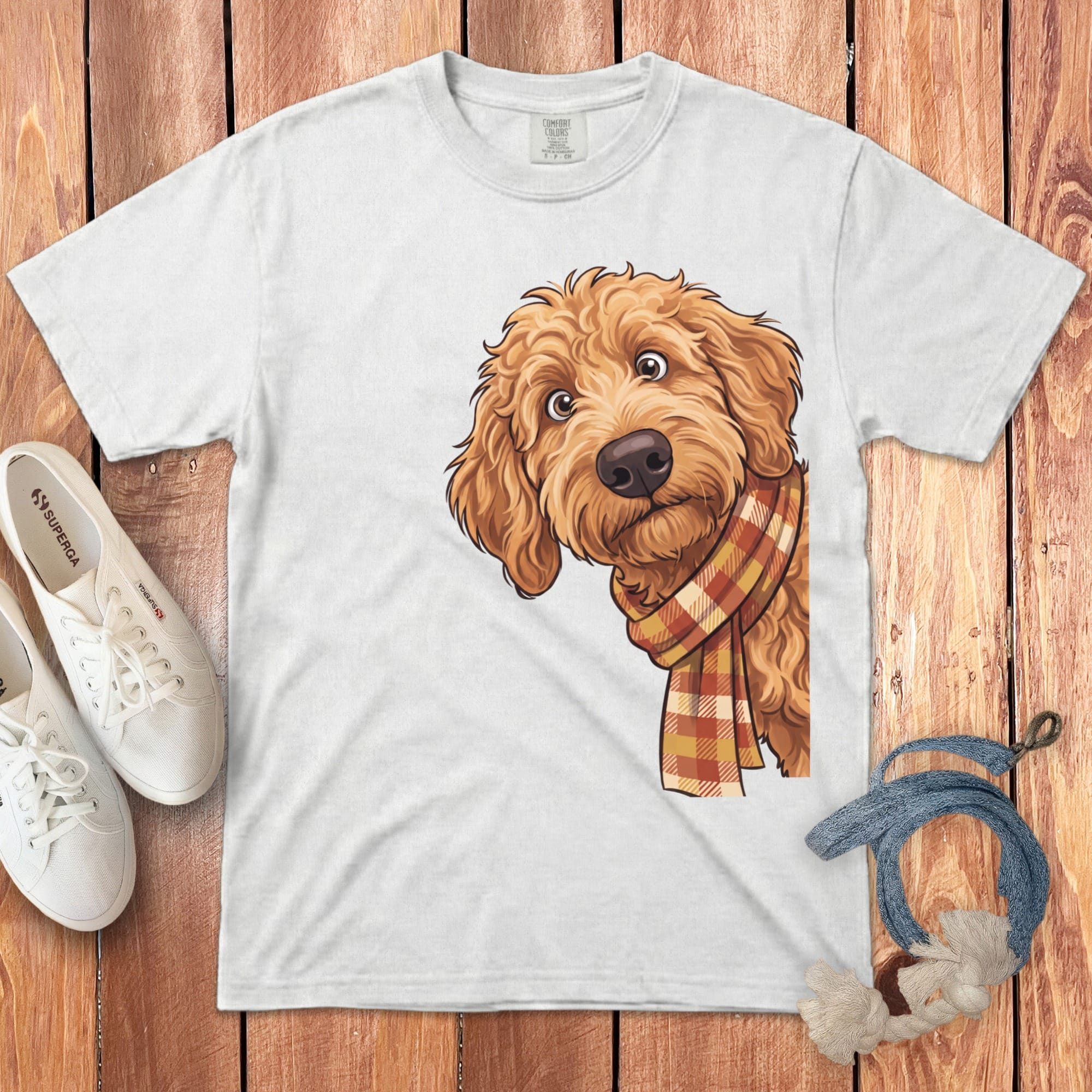 Fall Plaid Apricot Goldendoodle Signature T-Shirt in White / S / T-Shirts by Puppy Jo