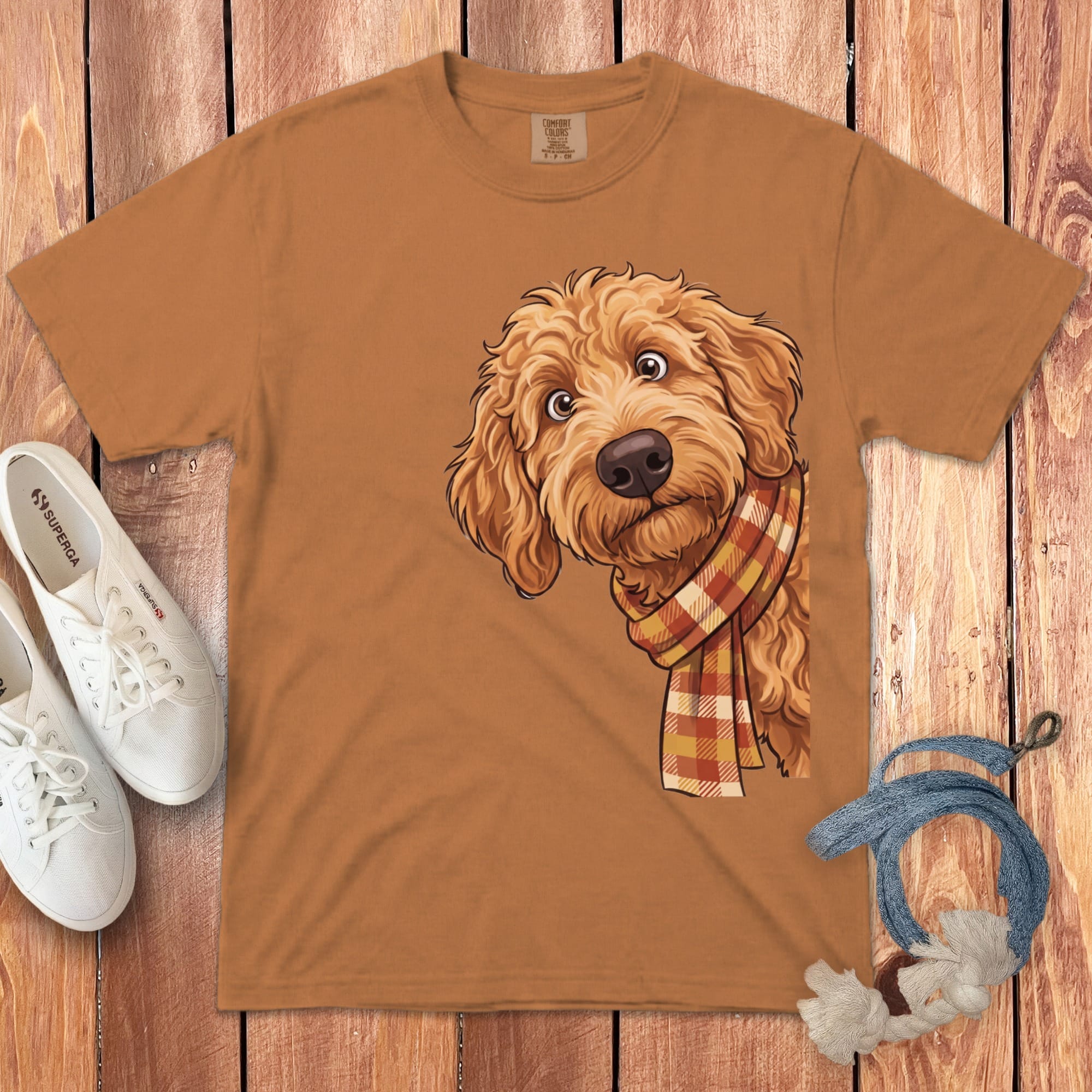 Fall Plaid Apricot Goldendoodle Signature T-Shirt in Yam / S / T-Shirts by Puppy Jo