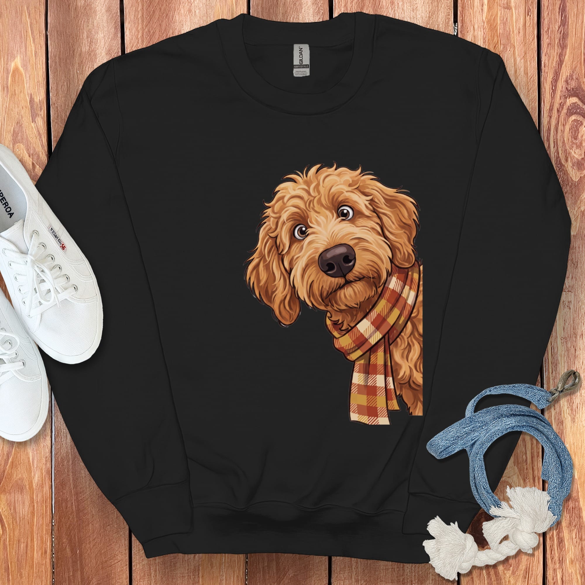 Fall Plaid Apricot Goldendoodle Sweatshirt in Black / S by Puppy Jo