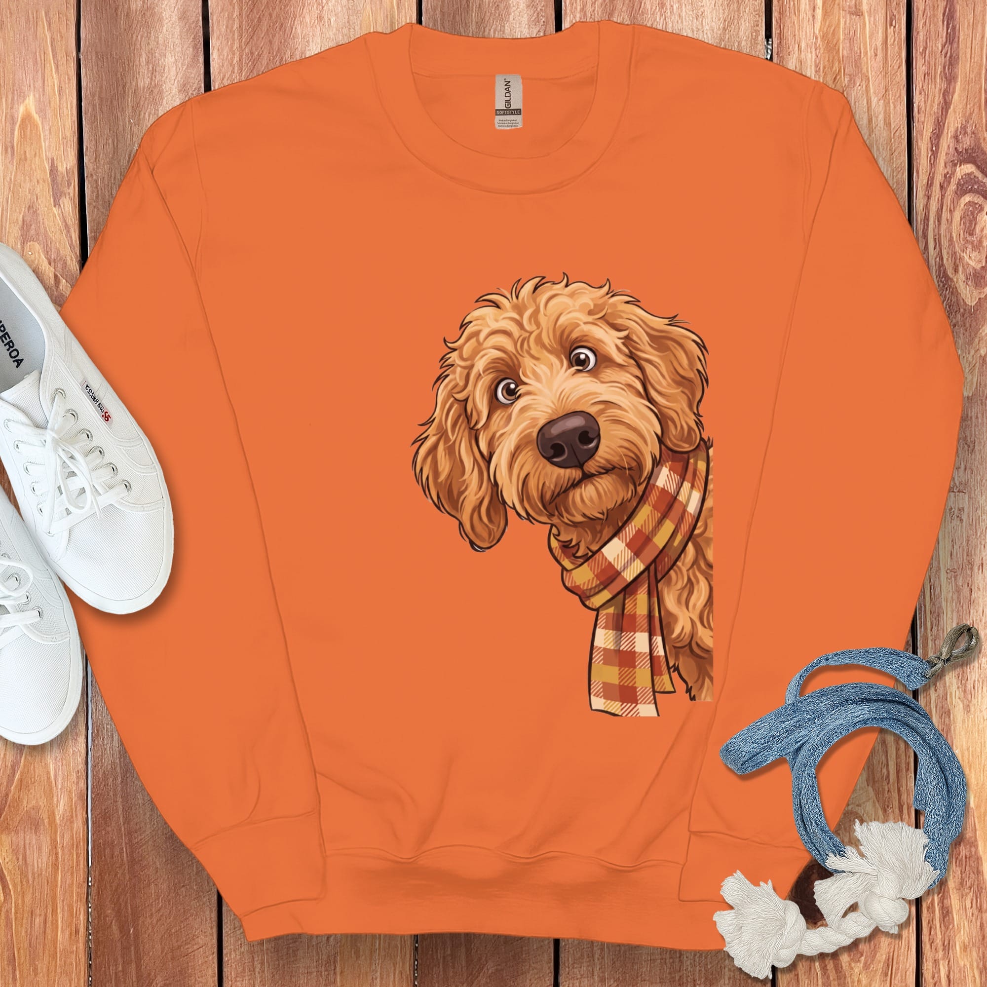 Fall Plaid Apricot Goldendoodle Sweatshirt in Orange / M by Puppy Jo