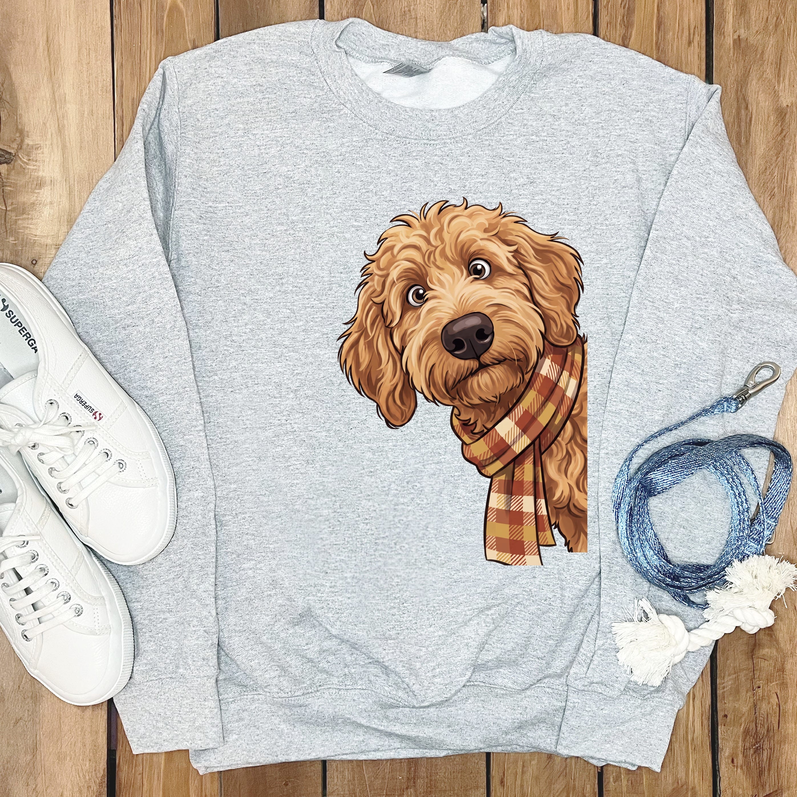 Fall Plaid Apricot Goldendoodle Sweatshirt in Sport Grey / S by Puppy Jo