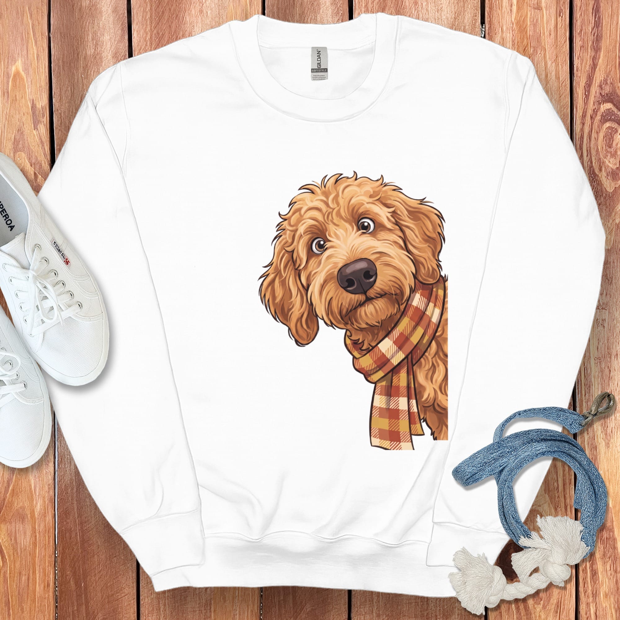 Fall Plaid Apricot Goldendoodle Sweatshirt in White / S by Puppy Jo