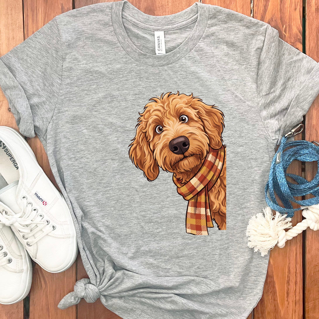 Fall Plaid Apricot Goldendoodle T-Shirt in Athletic Heather / S by Puppy Jo