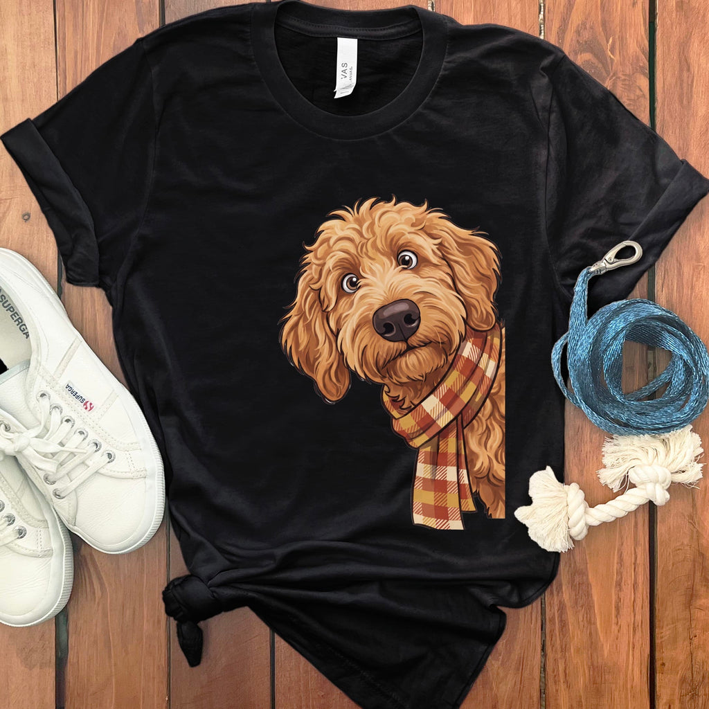 Fall Plaid Apricot Goldendoodle T-Shirt in Black / S by Puppy Jo