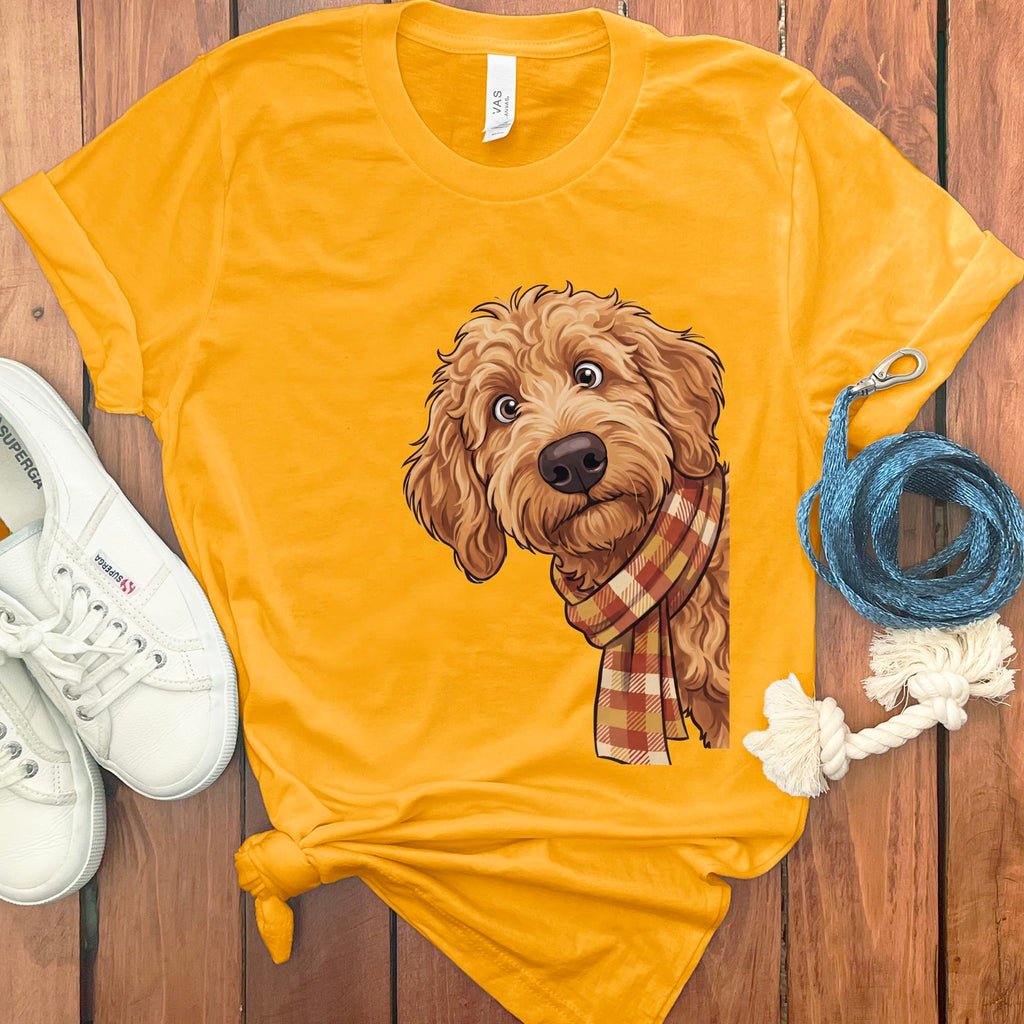 Fall Plaid Apricot Goldendoodle T-Shirt in Gold / S by Puppy Jo