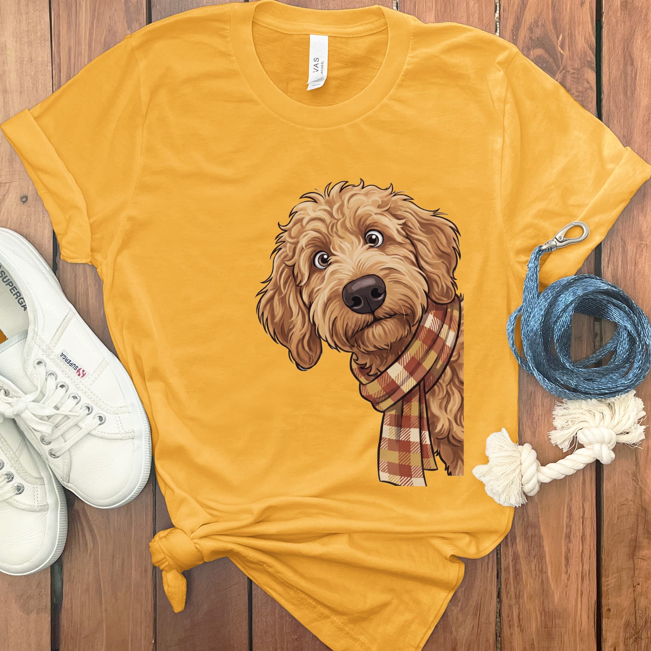 Fall Plaid Apricot Goldendoodle T-Shirt in Gold / S by Puppy Jo