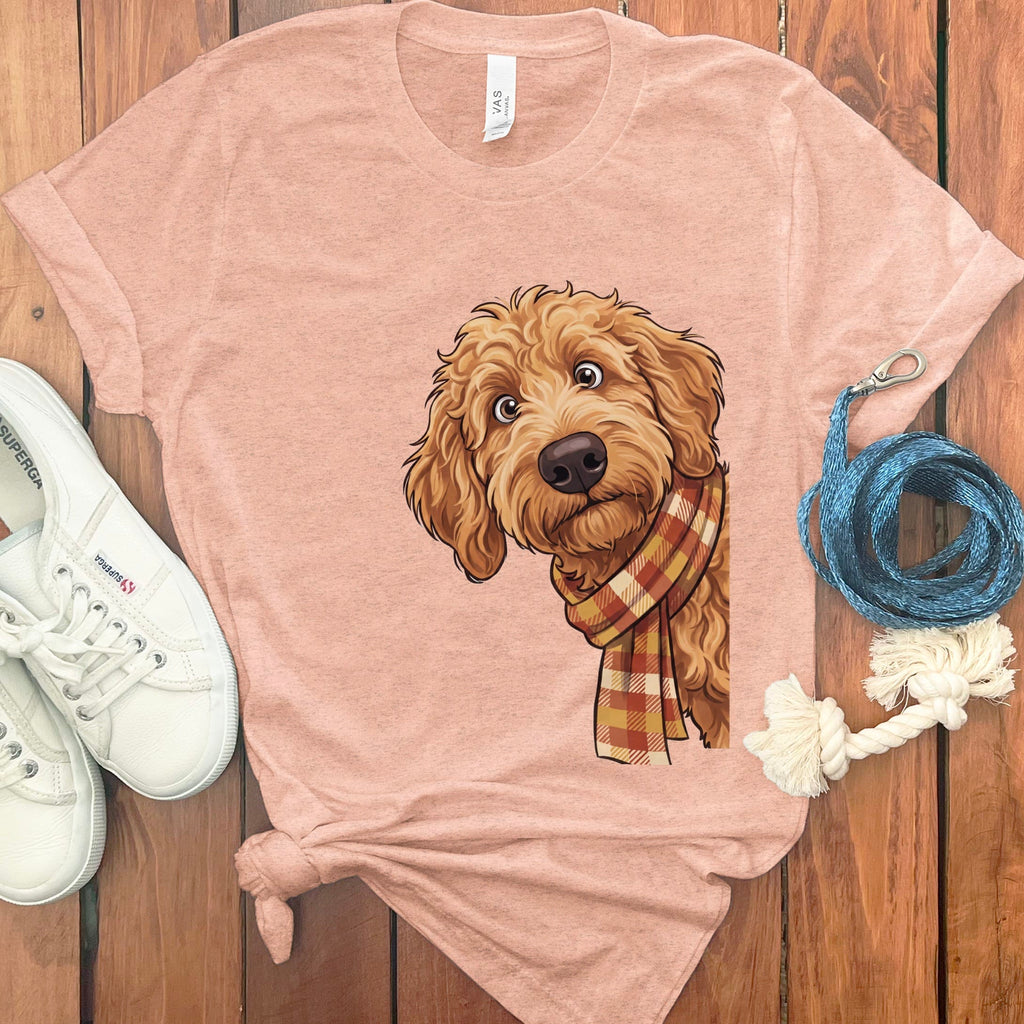 Fall Plaid Apricot Goldendoodle T-Shirt in Heather Peach / S by Puppy Jo