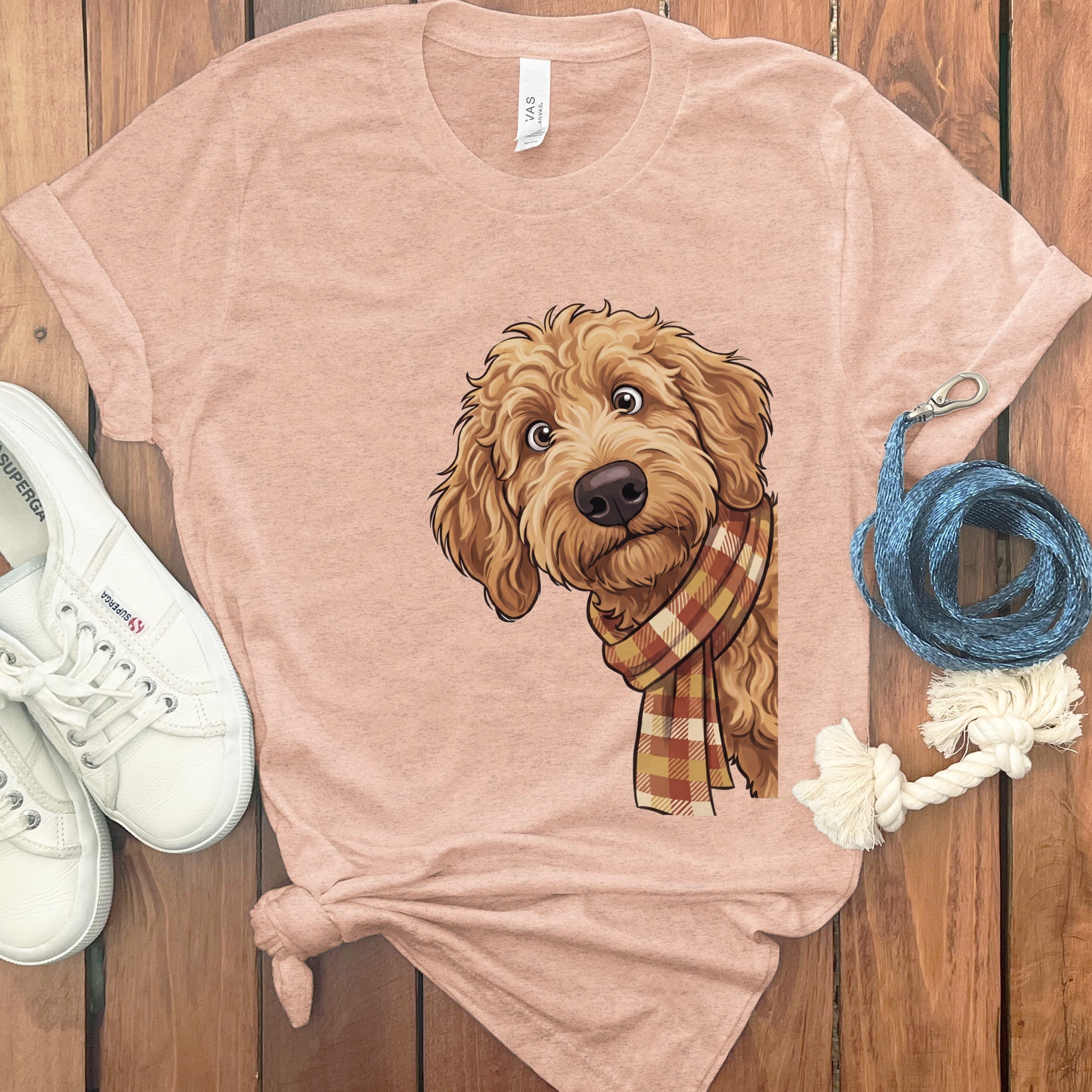 Fall Plaid Apricot Goldendoodle T-Shirt in Heather Peach / S by Puppy Jo