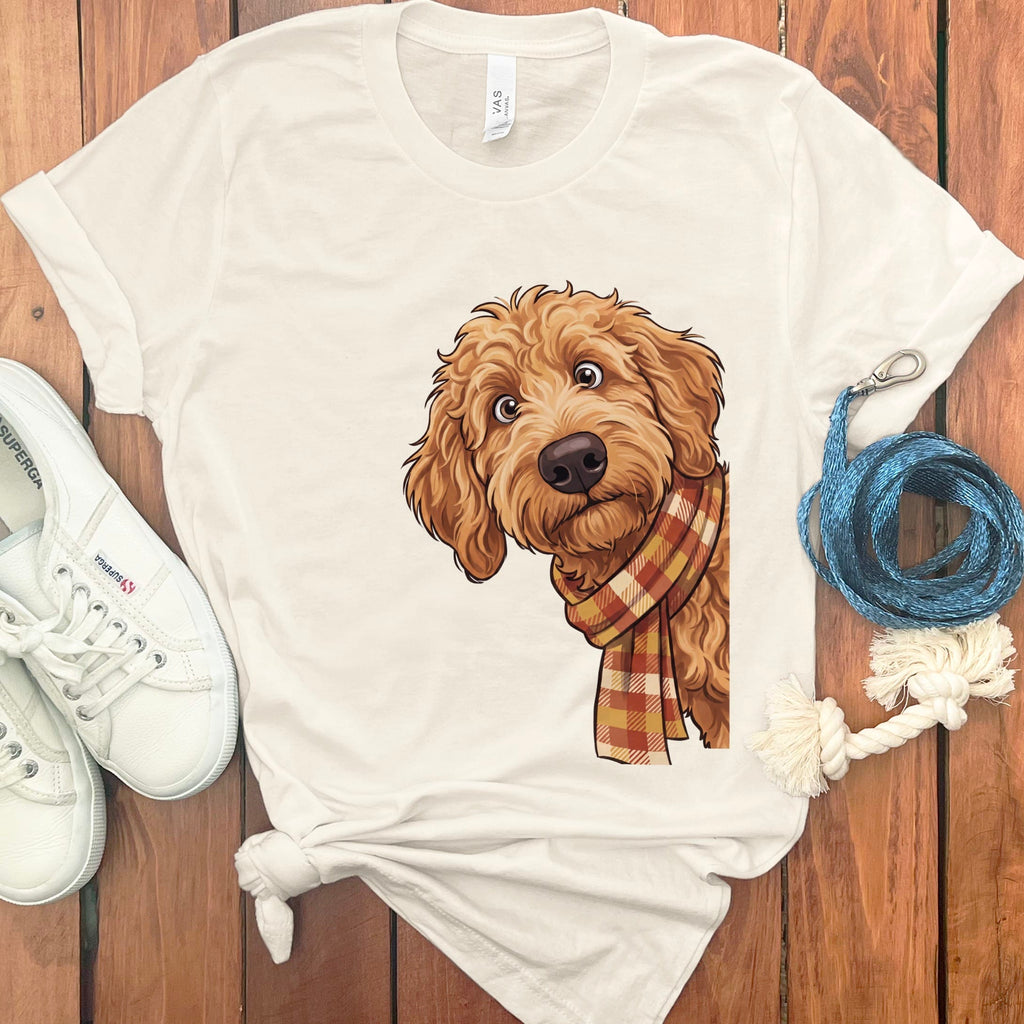 Fall Plaid Apricot Goldendoodle T-Shirt in Natural / S by Puppy Jo