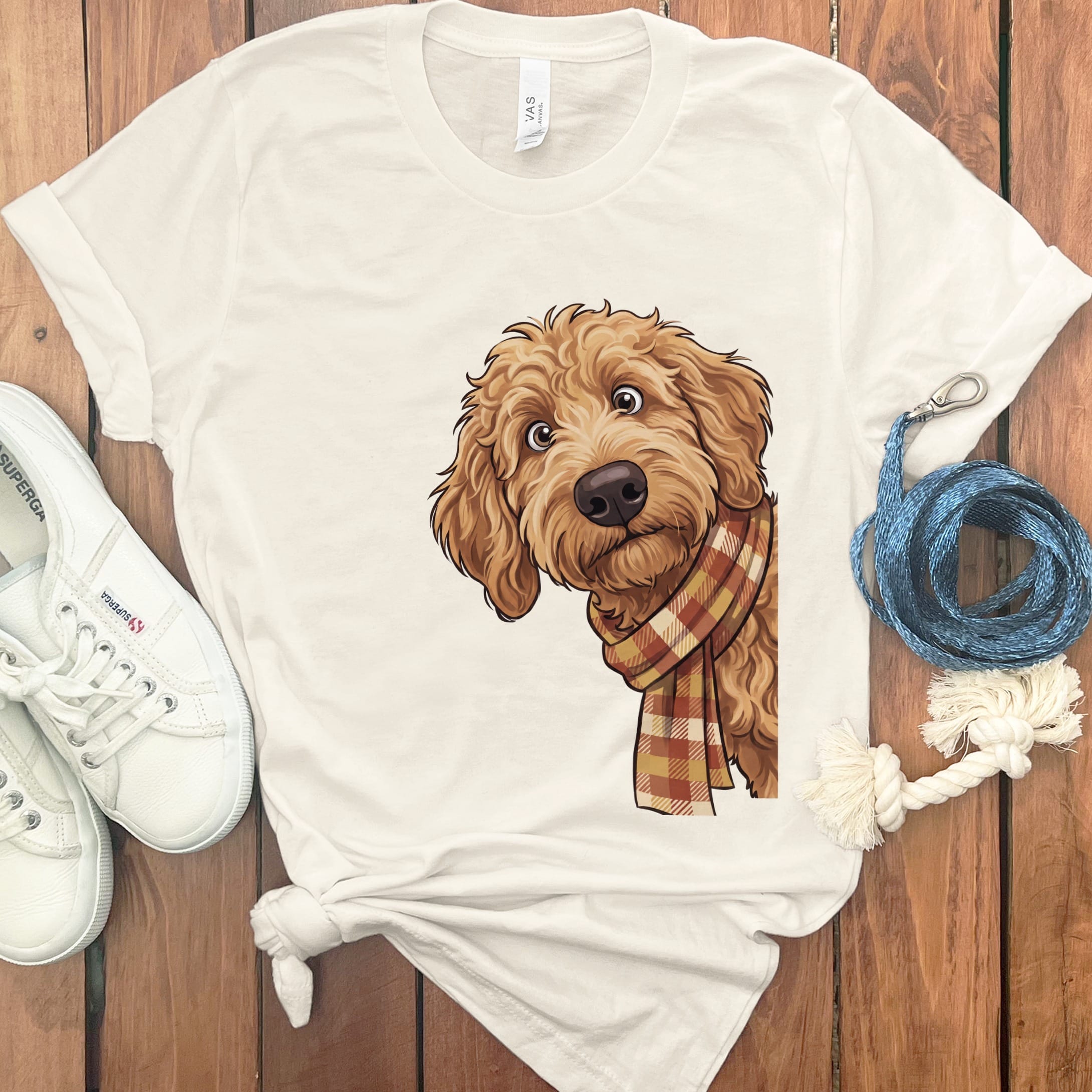 Fall Plaid Apricot Goldendoodle T-Shirt in Natural / S by Puppy Jo
