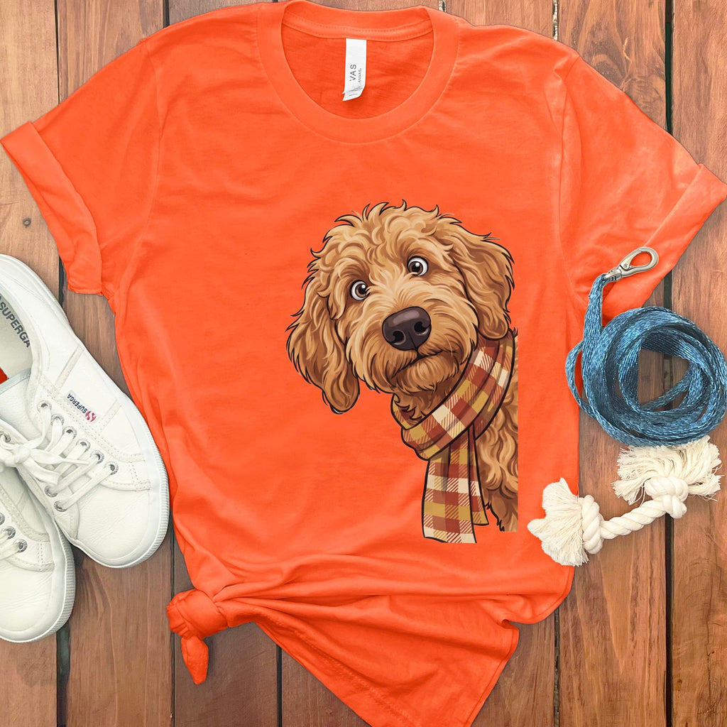 Fall Plaid Apricot Goldendoodle T-Shirt in Orange / S by Puppy Jo