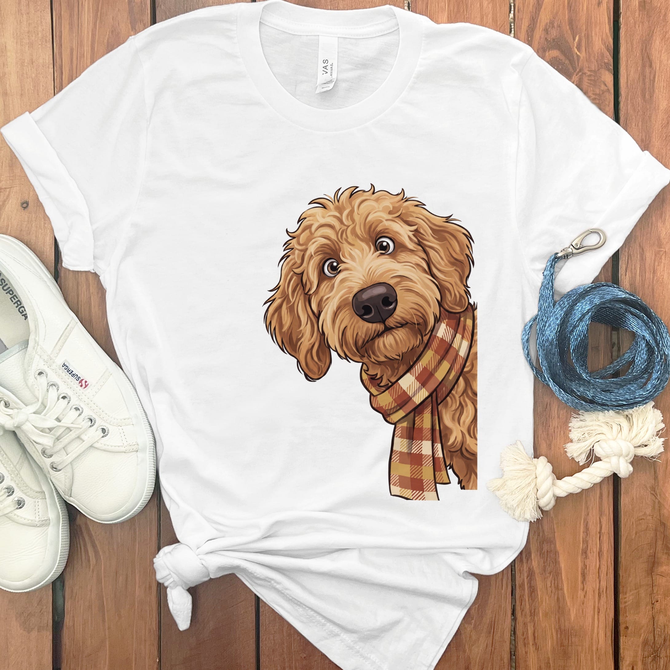Fall Plaid Apricot Goldendoodle T-Shirt in White / S by Puppy Jo