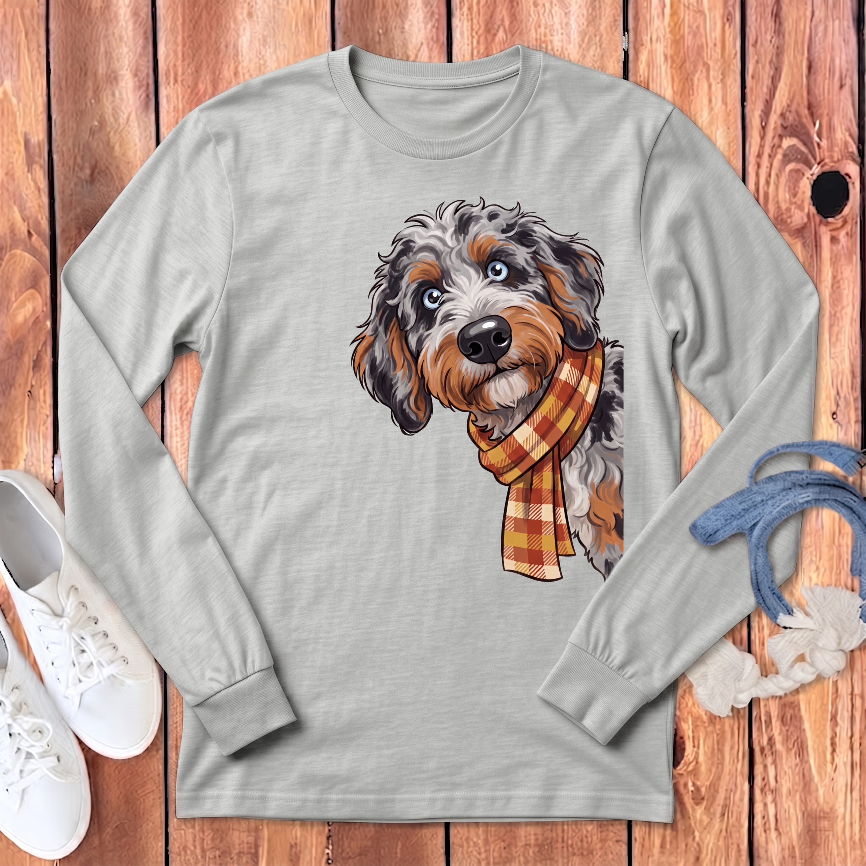 Fall Plaid Aussiedoodle Long Sleeve T-Shirt in Athletic Heather / S by Puppy Jo