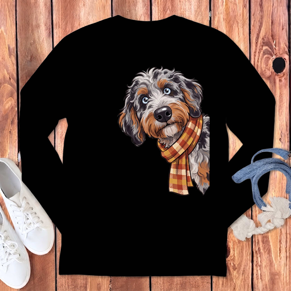 Fall Plaid Aussiedoodle Long Sleeve T-Shirt in Black / S by Puppy Jo