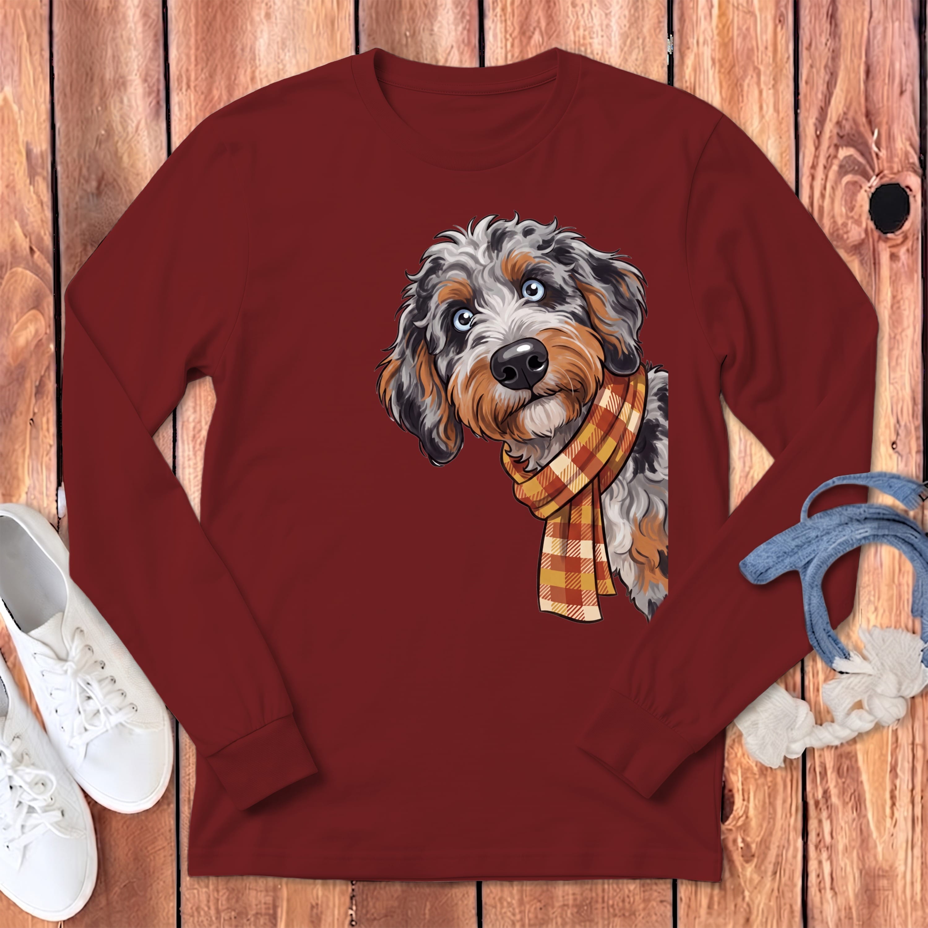 Fall Plaid Aussiedoodle Long Sleeve T-Shirt in Cardinal / S by Puppy Jo